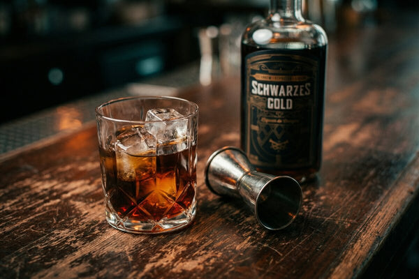 Black Russian Cocktail mit Schwarzes Gold Kaffeelikör und großen Eiswürfeln in einem Kristallglas auf einer Holzbar