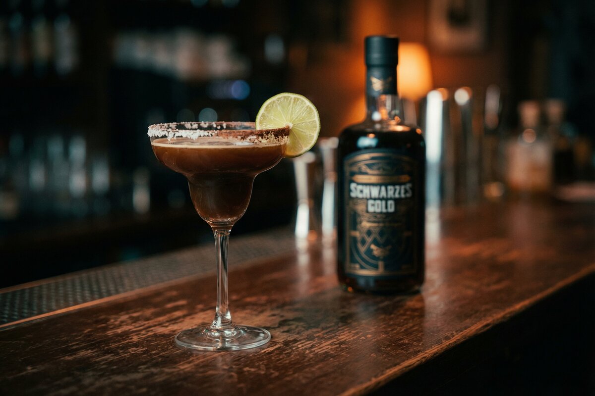 Café Margarita mit Schwarzes Gold Kaffeelikör im Margarita-Glas mit Salz-Kakao-Rand und Limette