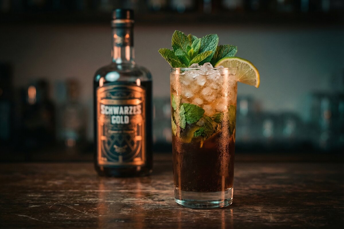 Café Mojito mit Schwarzes Gold Kaffeelikör im Highballglas mit Crushed Ice, Minze und Limette