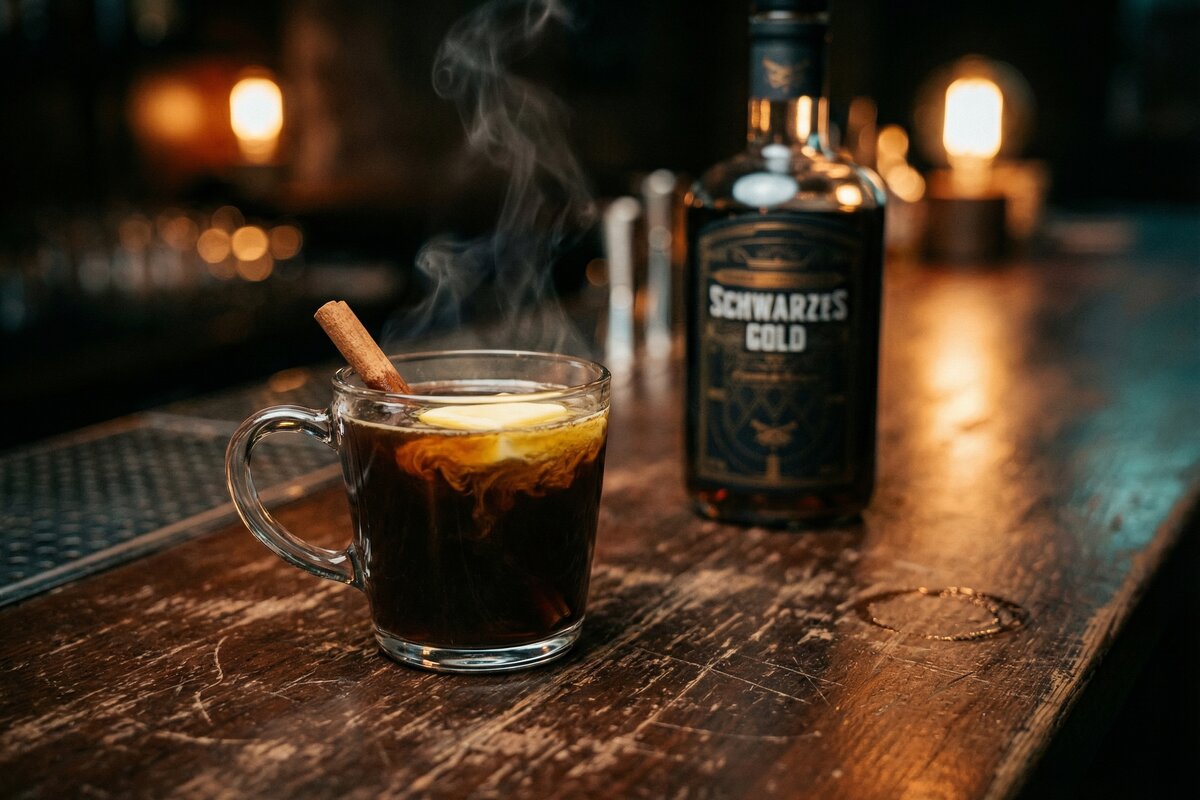 Hot Buttered Black Gold im Glasbecher mit schmelzender Butter und Zimtstange, Dampf steigt auf