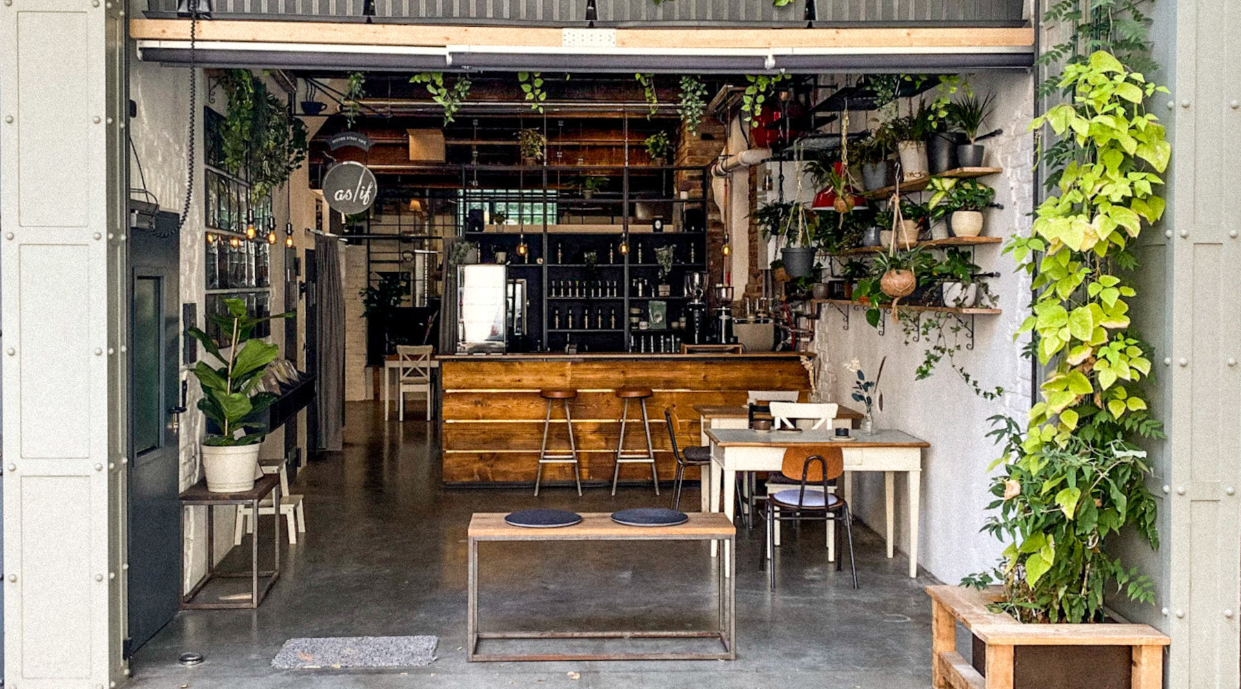 Gemütlicher Sitzbereich und Espressobar bei as/if spaces in Köln Nippes, umgeben von Pflanzen und industriellen Elementen. Perfekte Location für kreative Meetings, Seminare und Events.