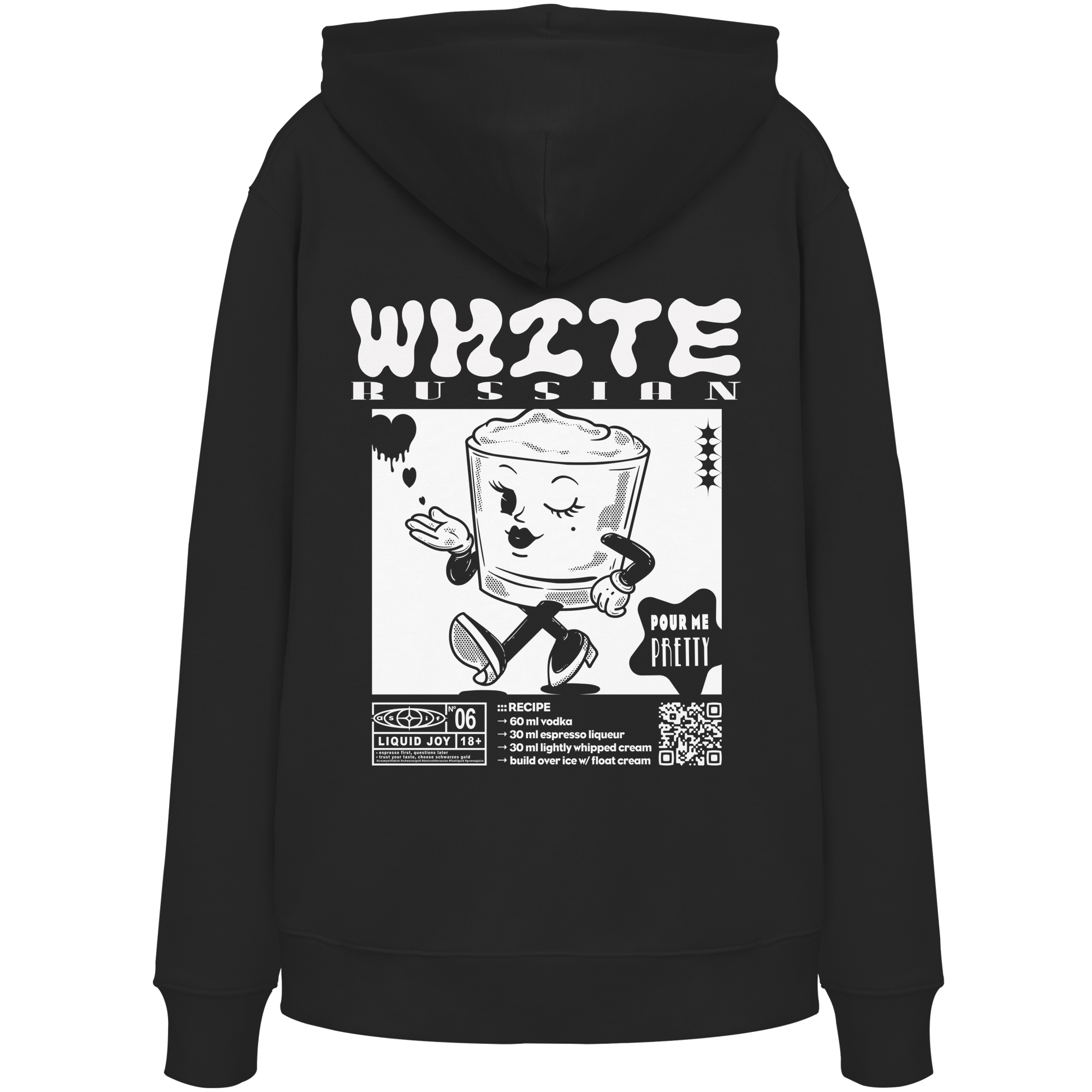 White Russian Bio-Hoodie in Black, Rückseite mit Cocktail-Print — as.if.threads