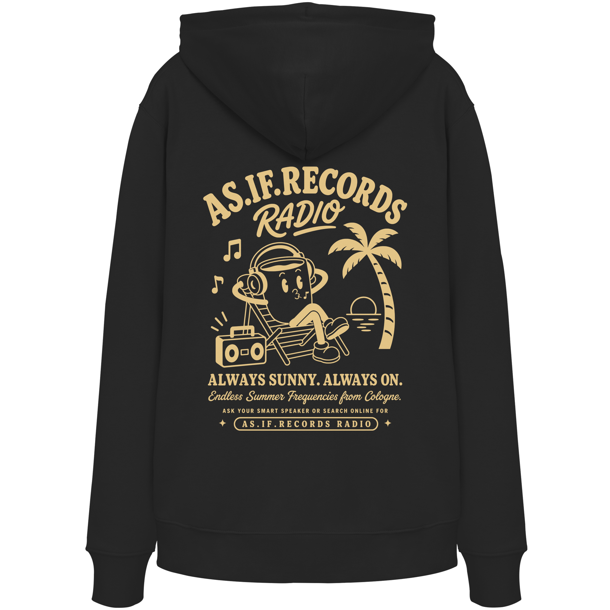 Endless Summer Bio-Hoodie in Black, Rückseite mit AS.IF.RECORDS RADIO Print — as.if.threads