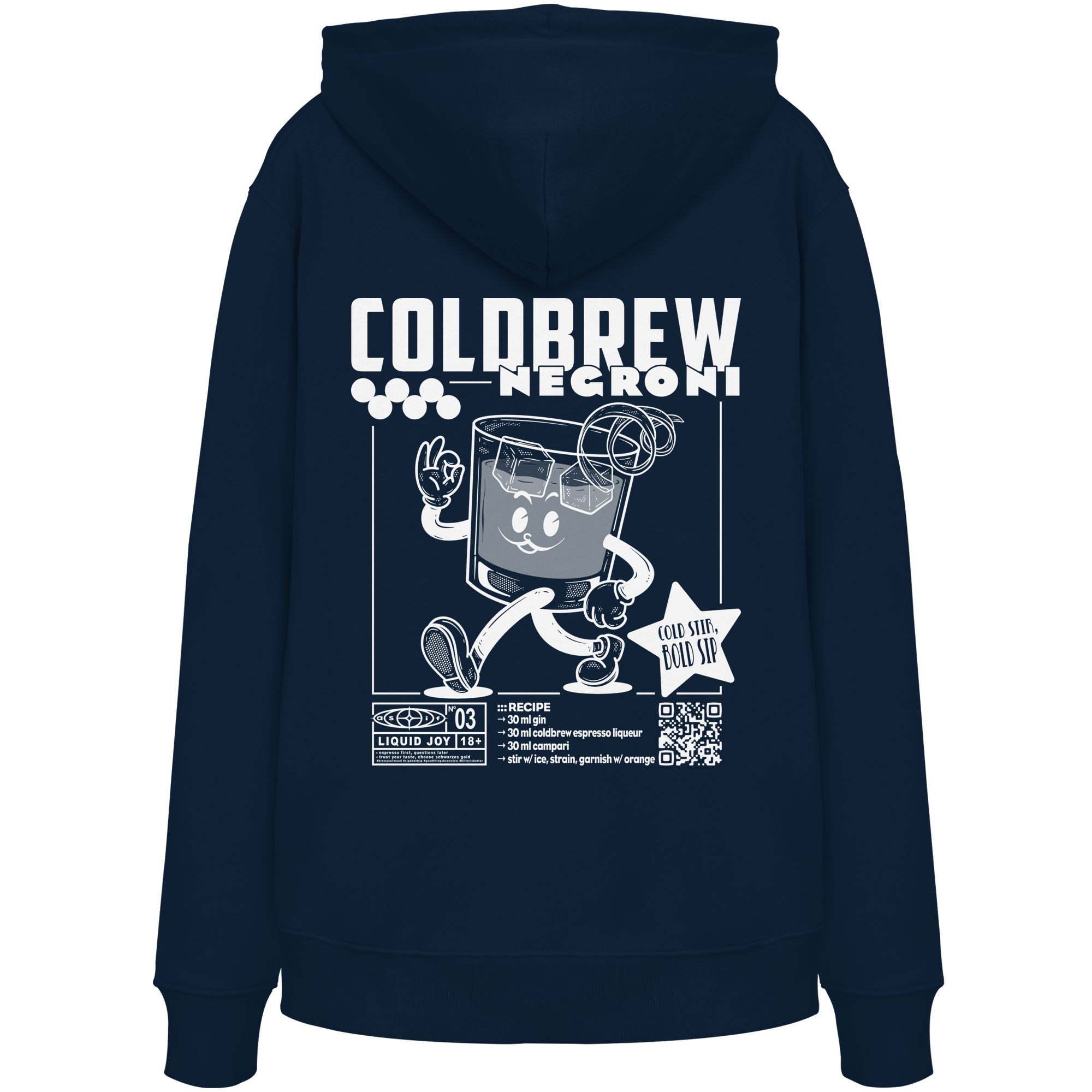 Coldbrew Negroni Bio-Hoodie in French Navy, Rückseite mit Print — as.if.threads