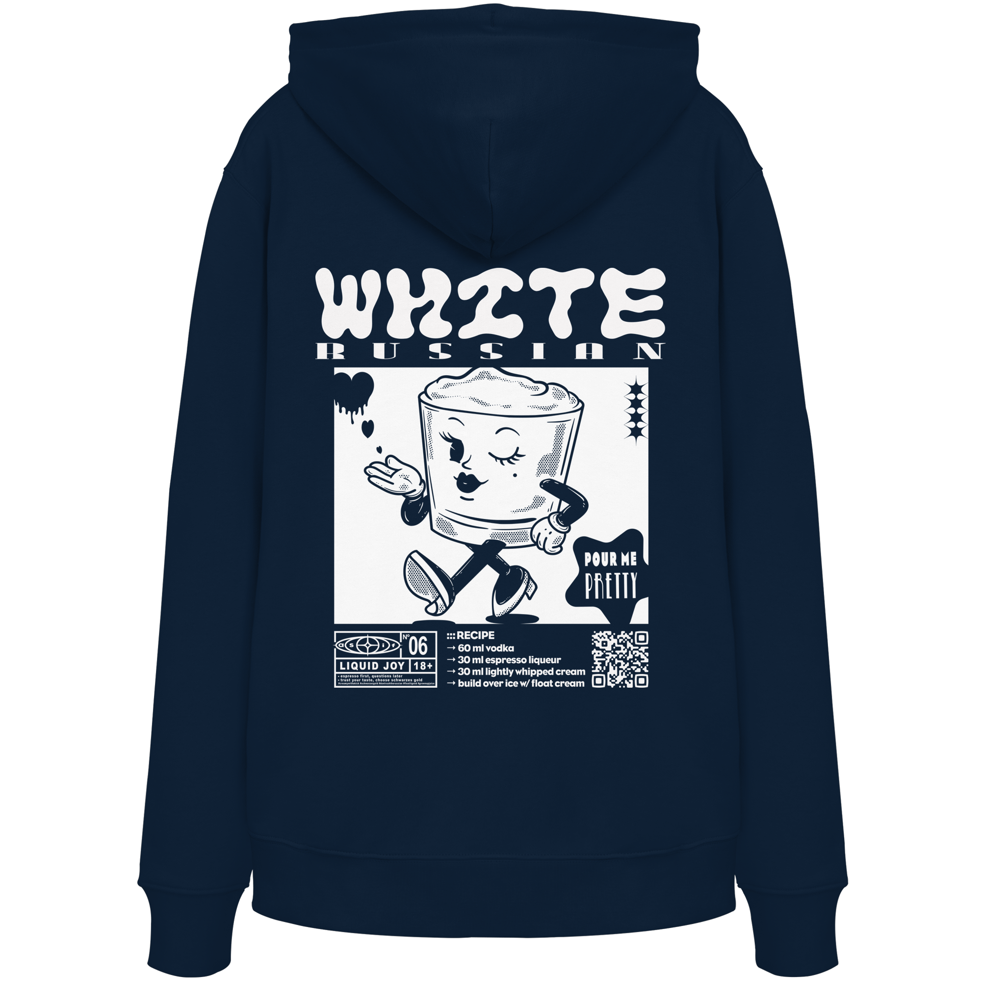 White Russian Bio-Hoodie in French Navy, Rückseite mit Cocktail-Print — as.if.threads