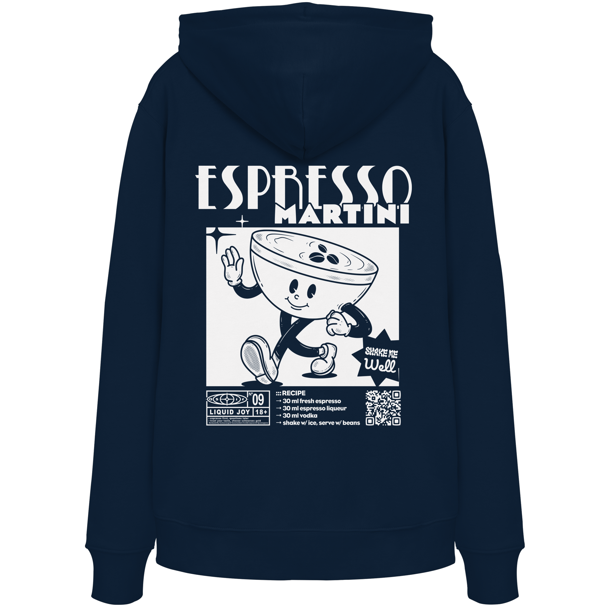 Espresso Martini Bio-Hoodie in French Navy, Rückseite mit Cocktail-Print — as.if.threads