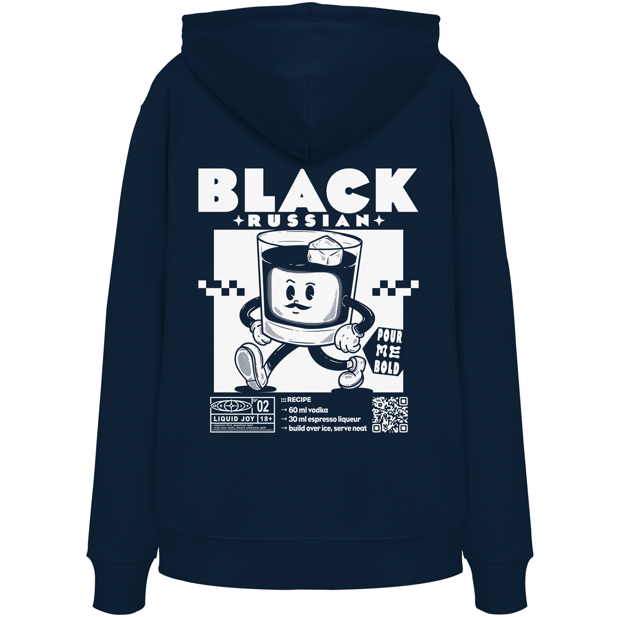 Black Russian Bio-Hoodie in French Navy, Rückseite mit Cocktail-Print — as.if.threads