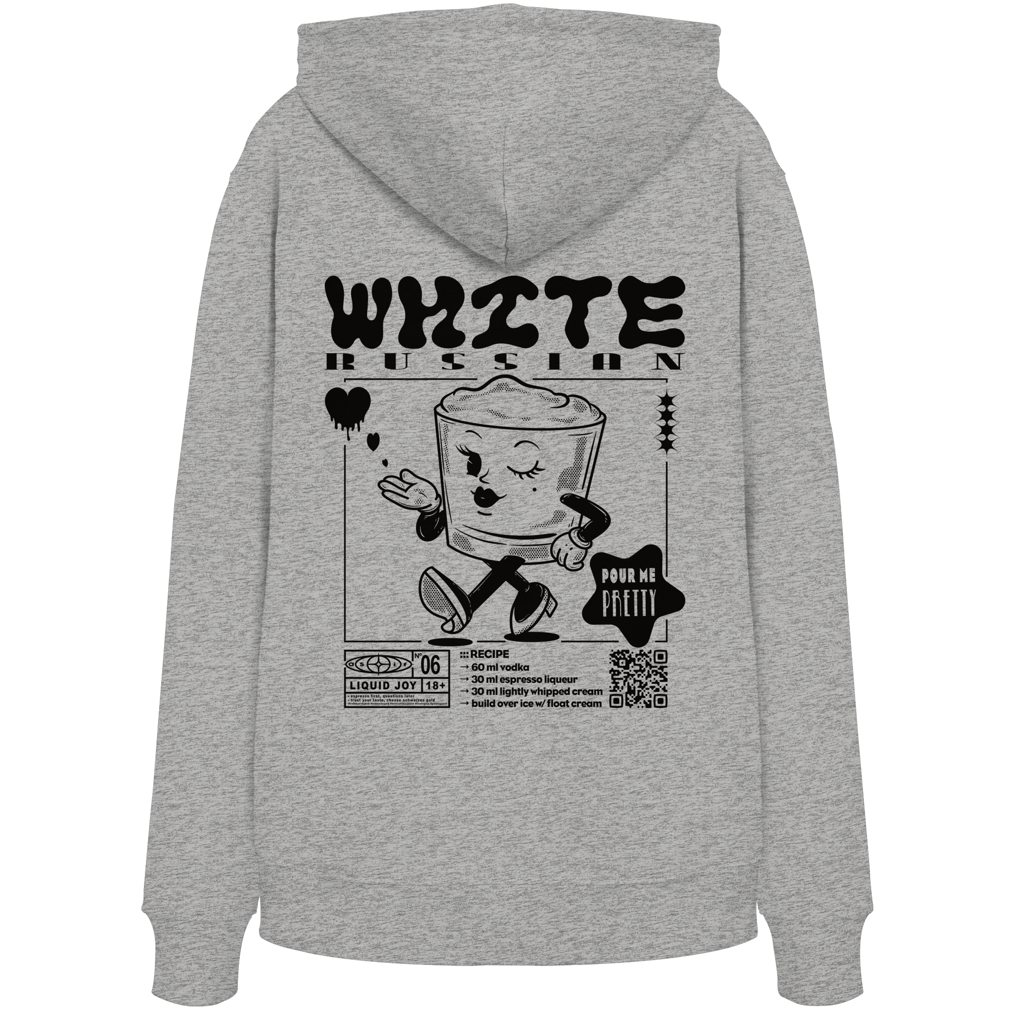 White Russian Bio-Hoodie in Heather Grey, Rückseite mit Cocktail-Print — as.if.threads