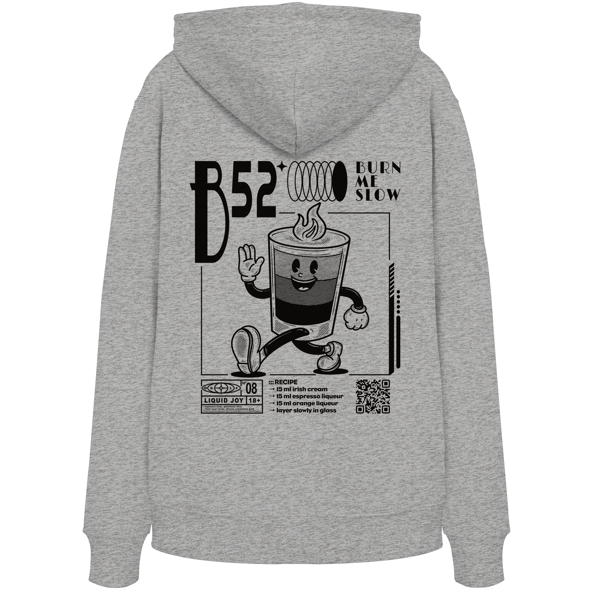 B-52 Bio-Hoodie in Heather Grey, Rückseite mit Cocktail-Print — as.if.threads