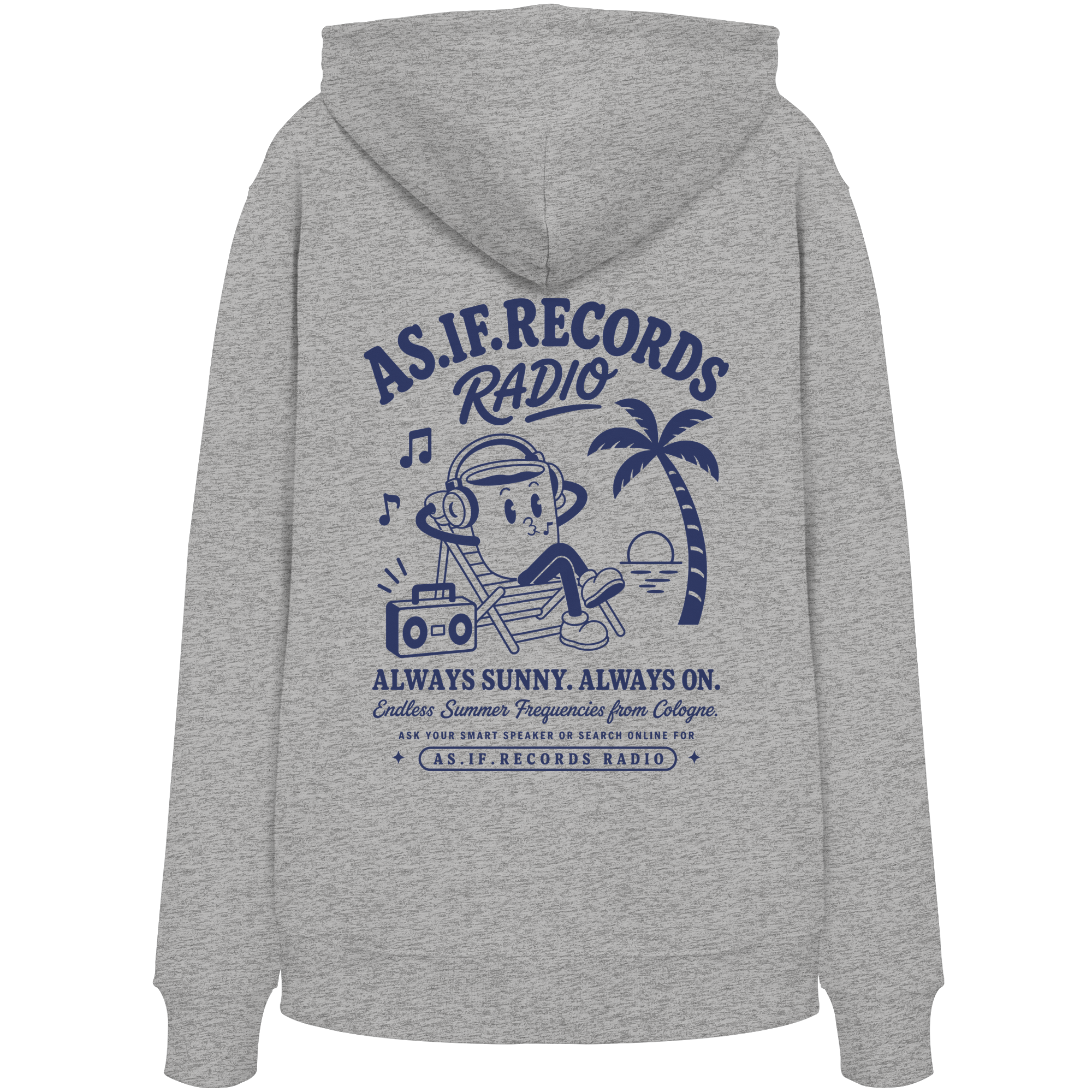 Endless Summer Bio-Hoodie in Heather Grey, Rückseite mit AS.IF.RECORDS RADIO Print — as.if.threads