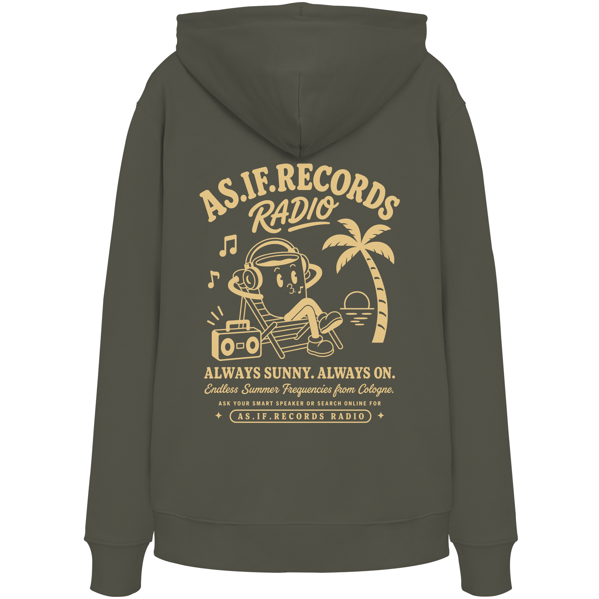Endless Summer Bio-Hoodie in Khaki, Rückseite mit AS.IF.RECORDS RADIO Print — as.if.threads