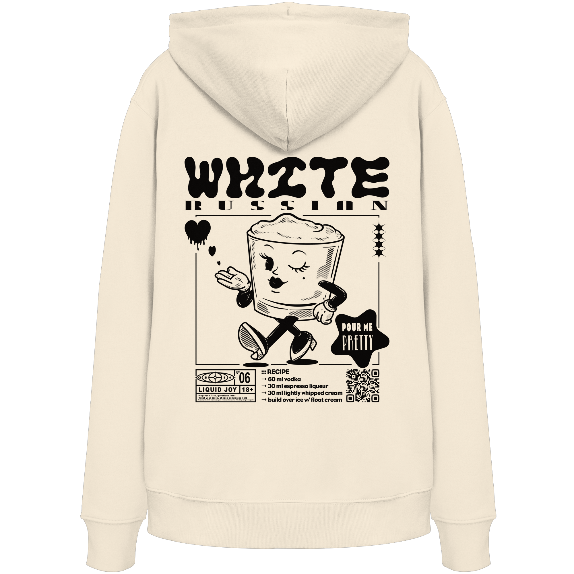 White Russian Bio-Hoodie in Natural Raw, Rückseite mit Cocktail-Print — as.if.threads