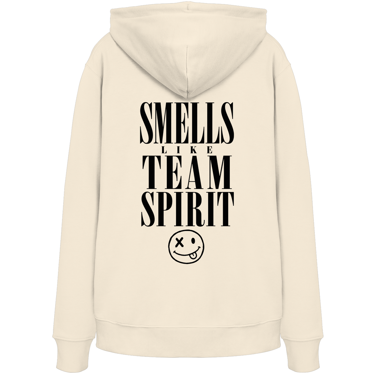Smells Like Team Spirit Bio-Hoodie in Natural Raw - Rückenansicht - as.if.threads, gedruckt in Köln