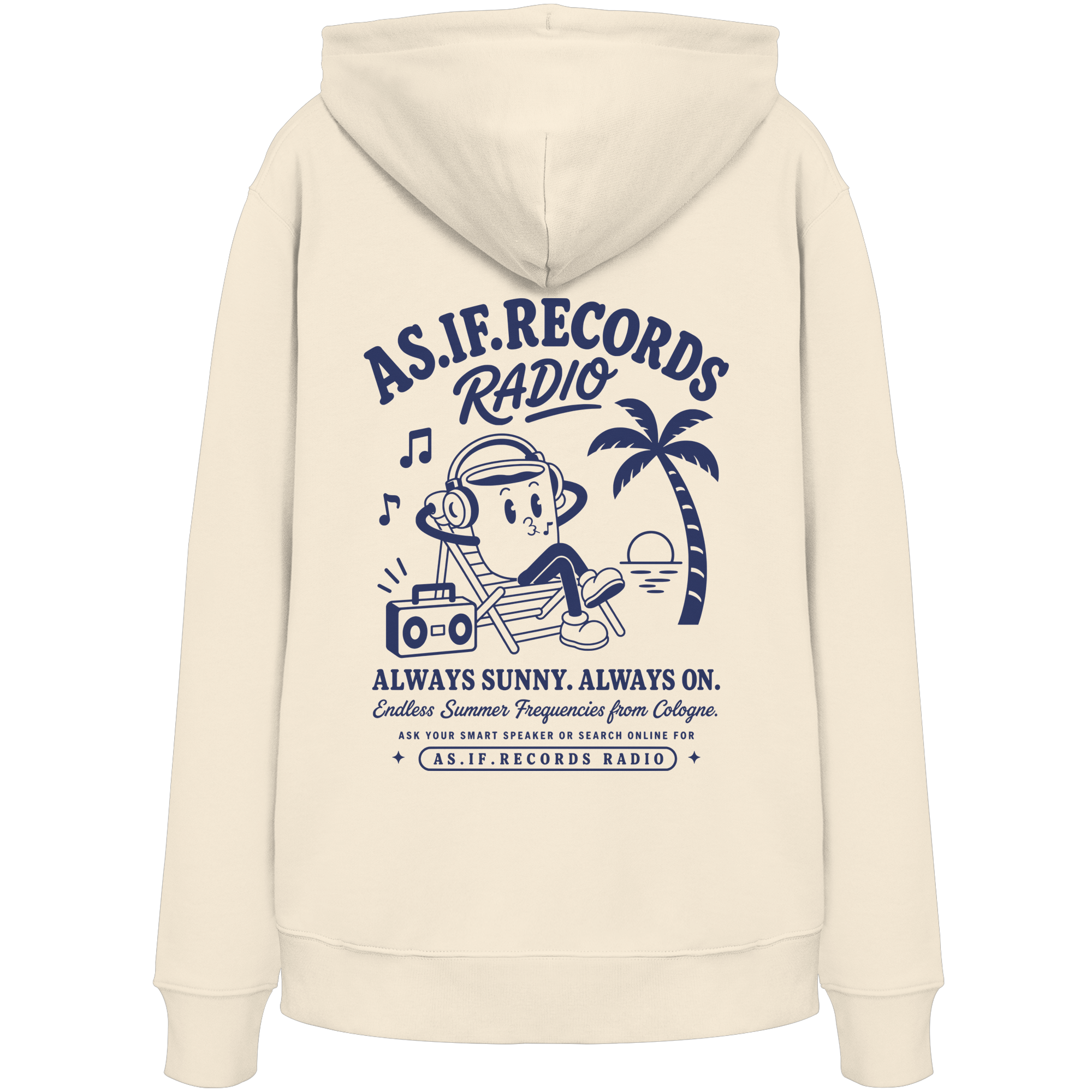 Endless Summer Bio-Hoodie in Natural Raw, Rückseite mit AS.IF.RECORDS RADIO Print — as.if.threads