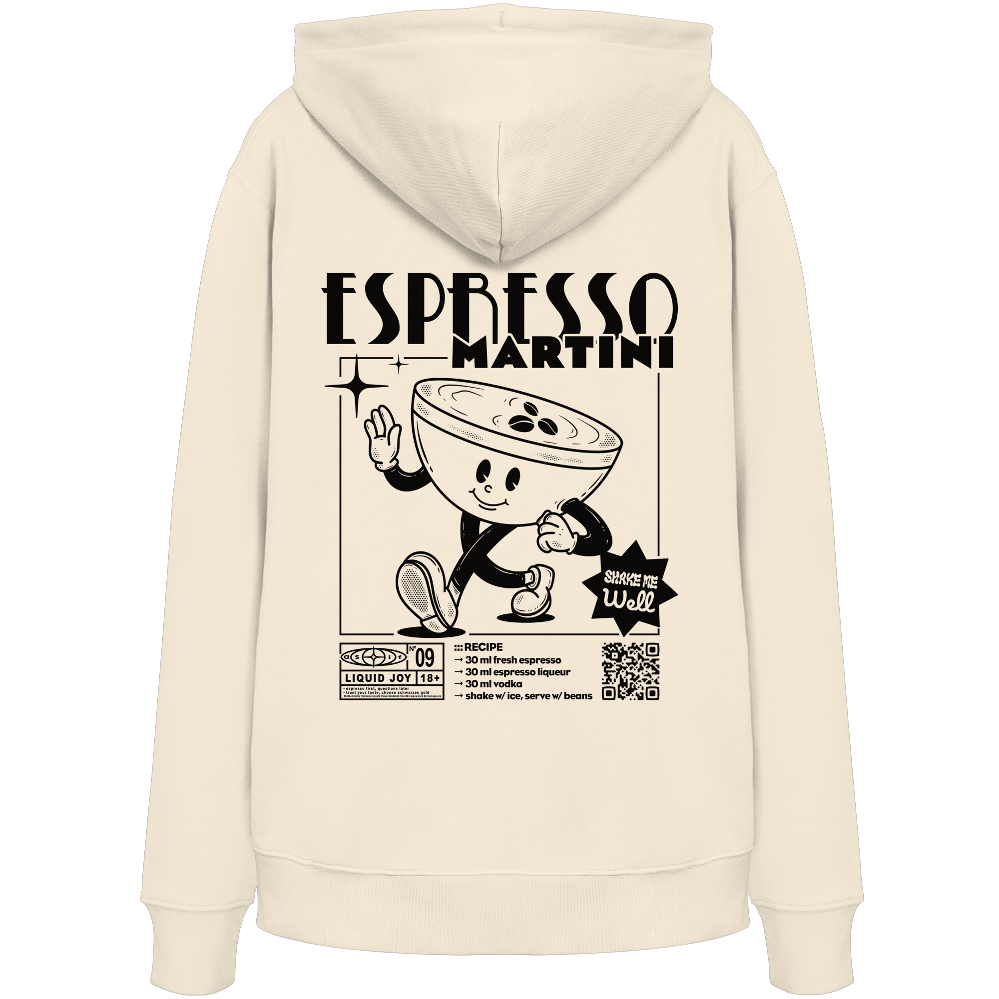 Espresso Martini Bio-Hoodie in Natural Raw, Rückseite mit Cocktail-Print — as.if.threads
