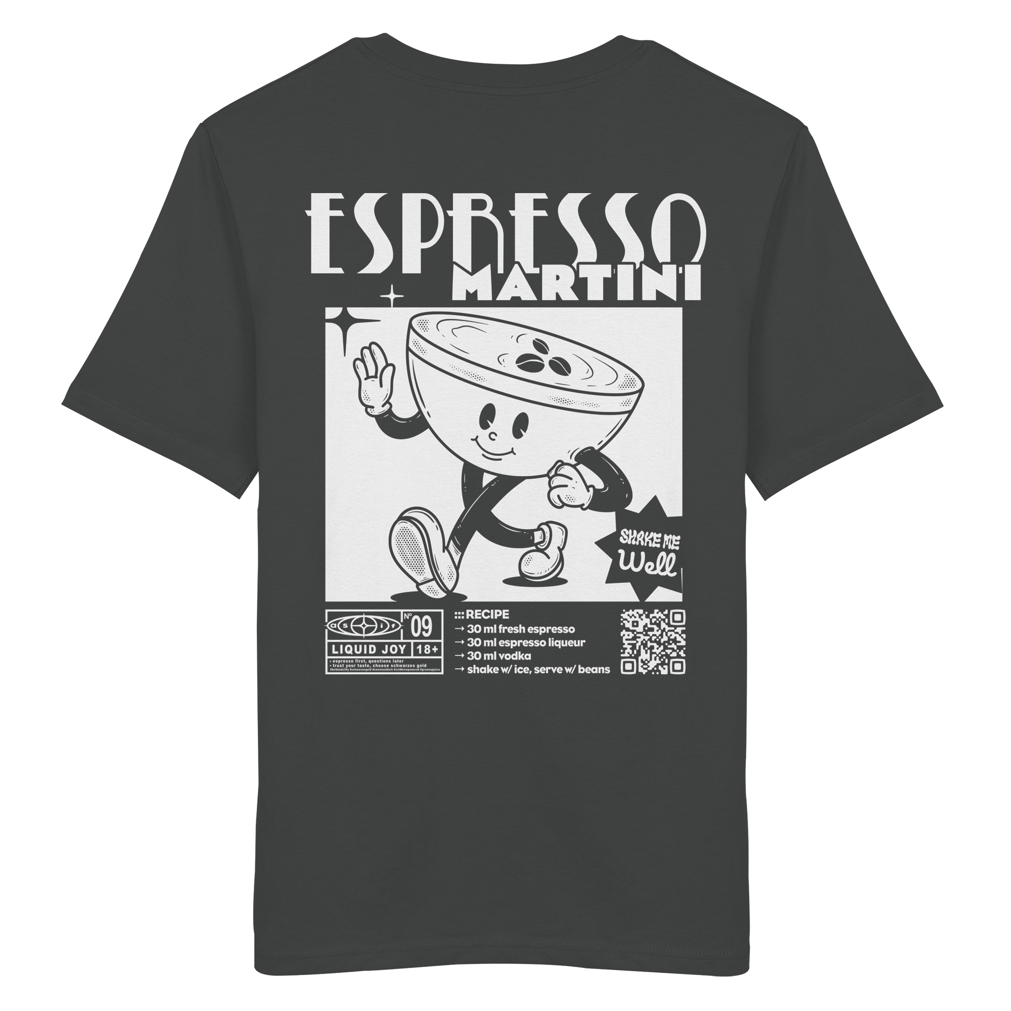Espresso Martini Bio-Tee in Anthracite — Rückseite mit Maskottchen & Cocktail-Rezept-Print, Stanley/Stella Bio-Cotton aus Köln