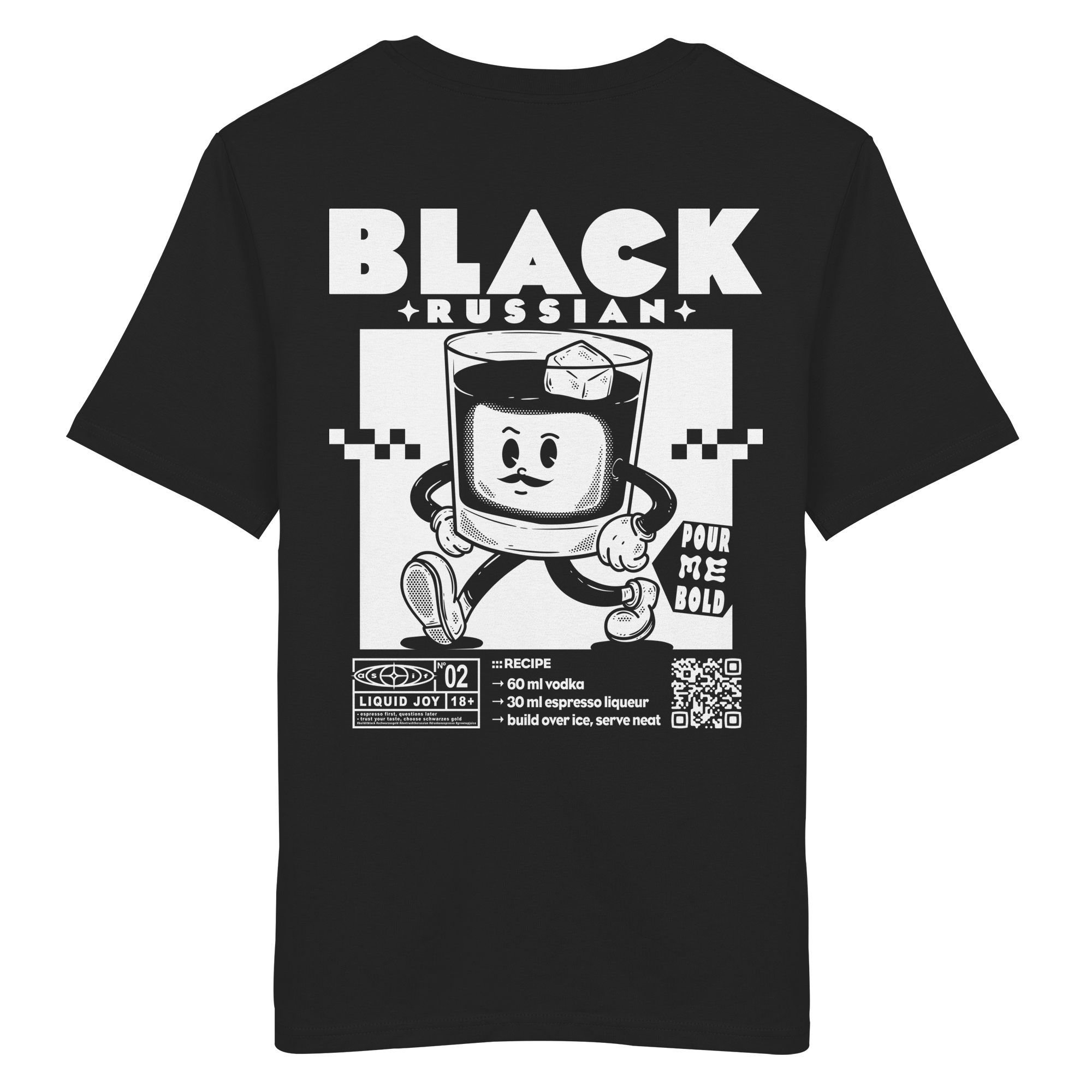 Black Russian Bio-Tee in Black, Rückseite mit Cocktail-Print — as.if.threads