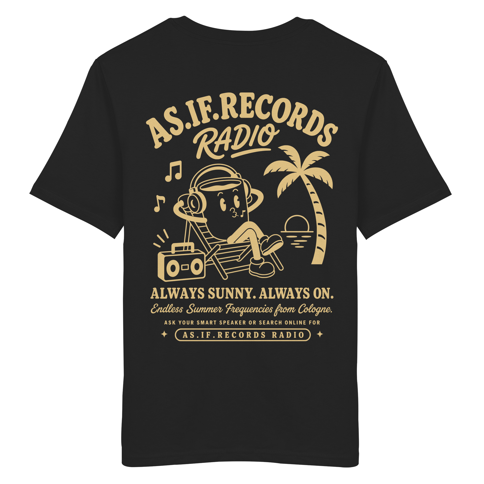 Endless Summer Bio-Tee in Black, Rückseite mit AS.IF.RECORDS RADIO Print — as.if.threads