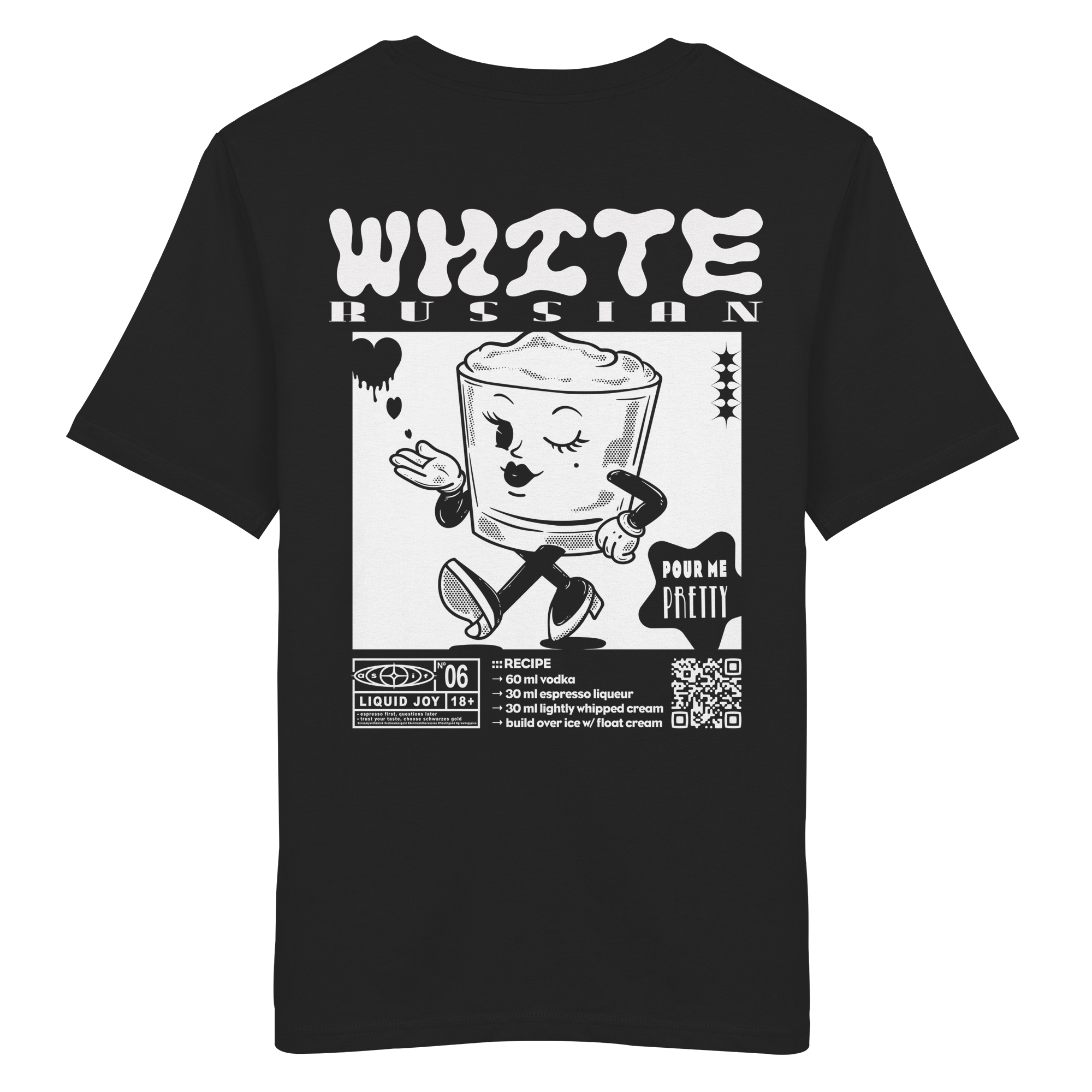 White Russian Bio-Tee in Black, Rückseite mit Cocktail-Print — as.if.threads