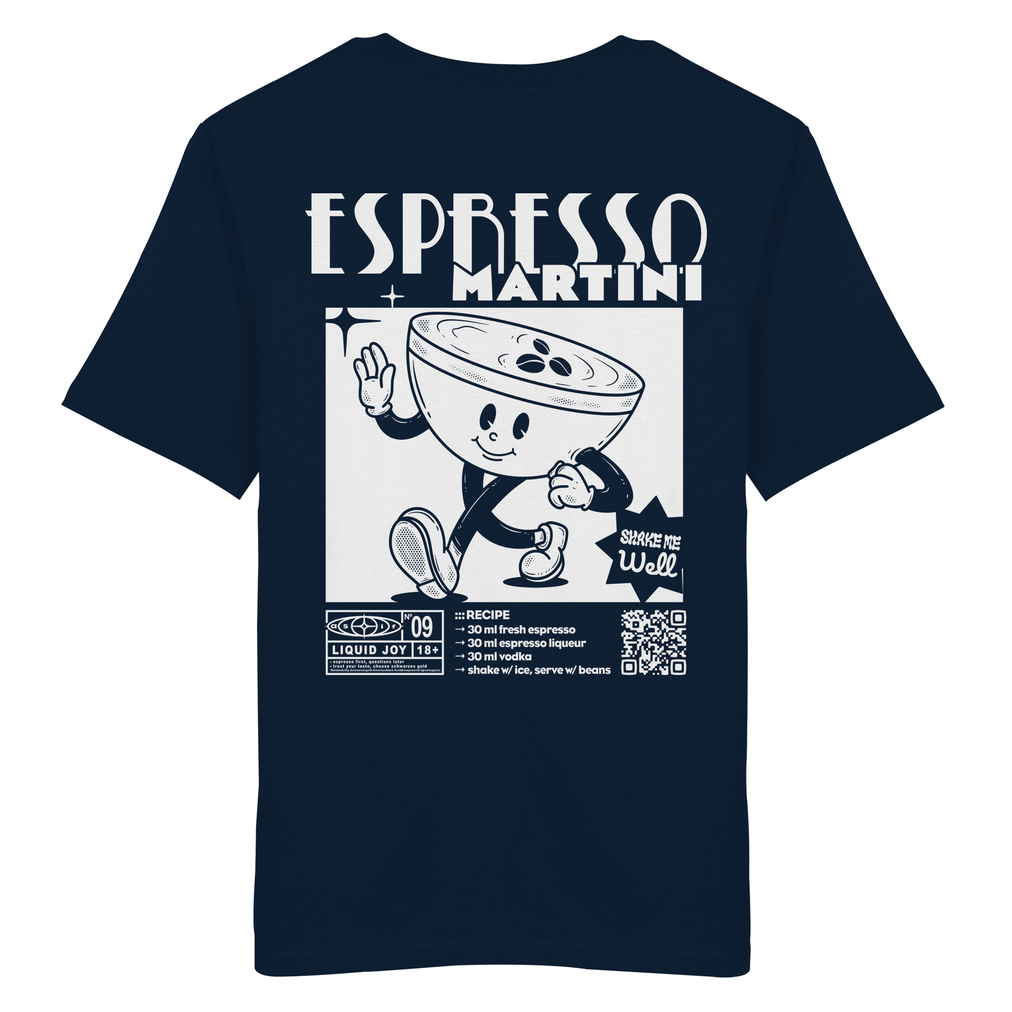 Espresso Martini Bio-Tee in French Navy — Rückseite mit Maskottchen & Cocktail-Rezept-Print, Stanley/Stella Bio-Cotton aus Köln