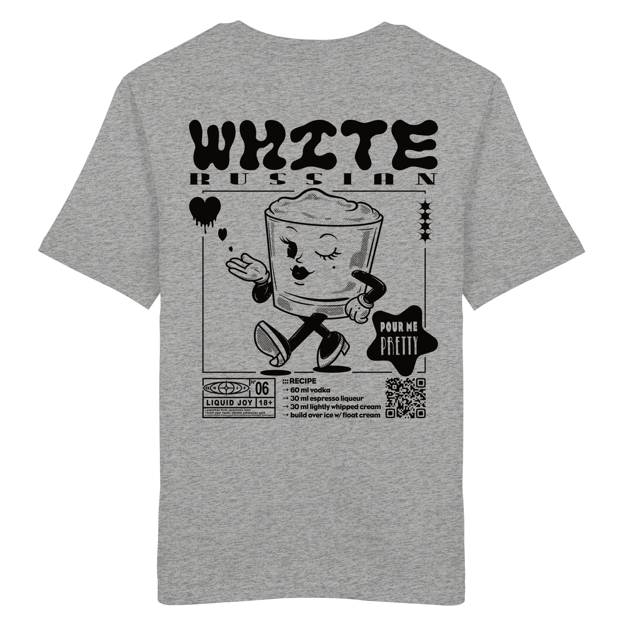 White Russian Bio-Tee in Heather Grey, Rückseite mit Cocktail-Print — as.if.threads