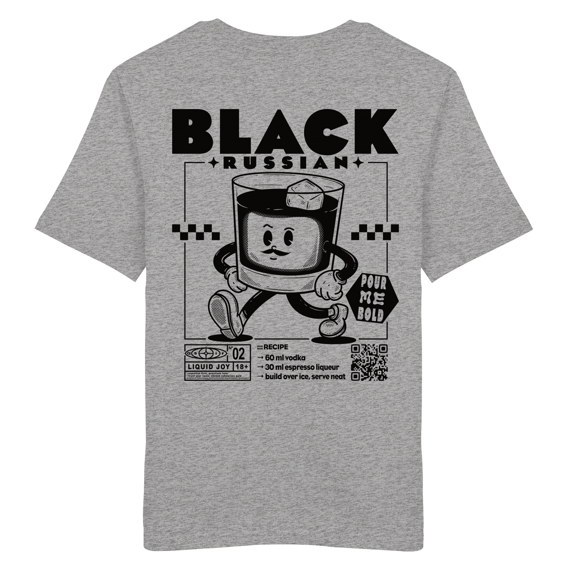 Black Russian Bio-Tee in Heather Grey, Rückseite mit Cocktail-Print — as.if.threads