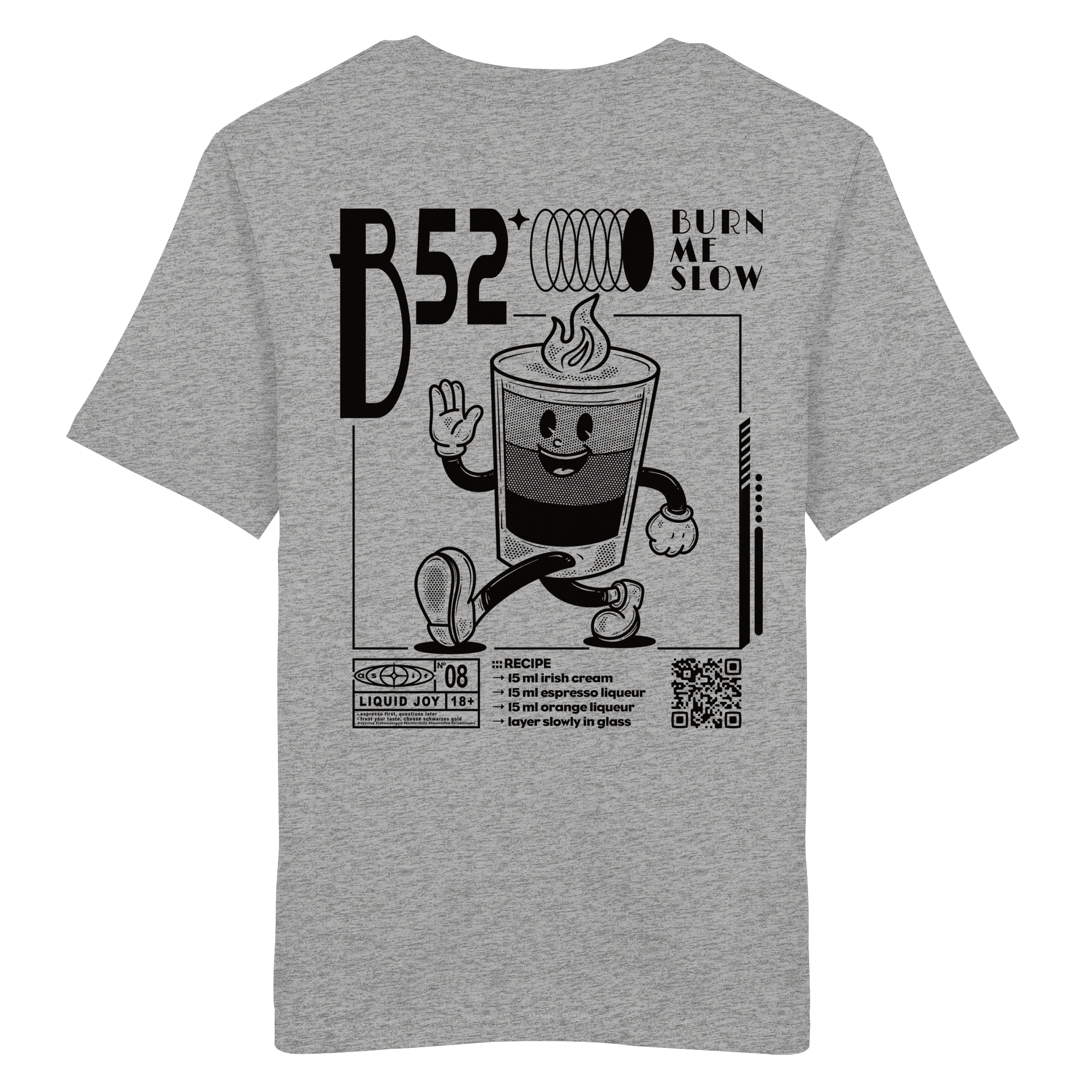 B-52 Bio-Tee in Heather Grey, Rückseite mit Cocktail-Print — as.if.threads