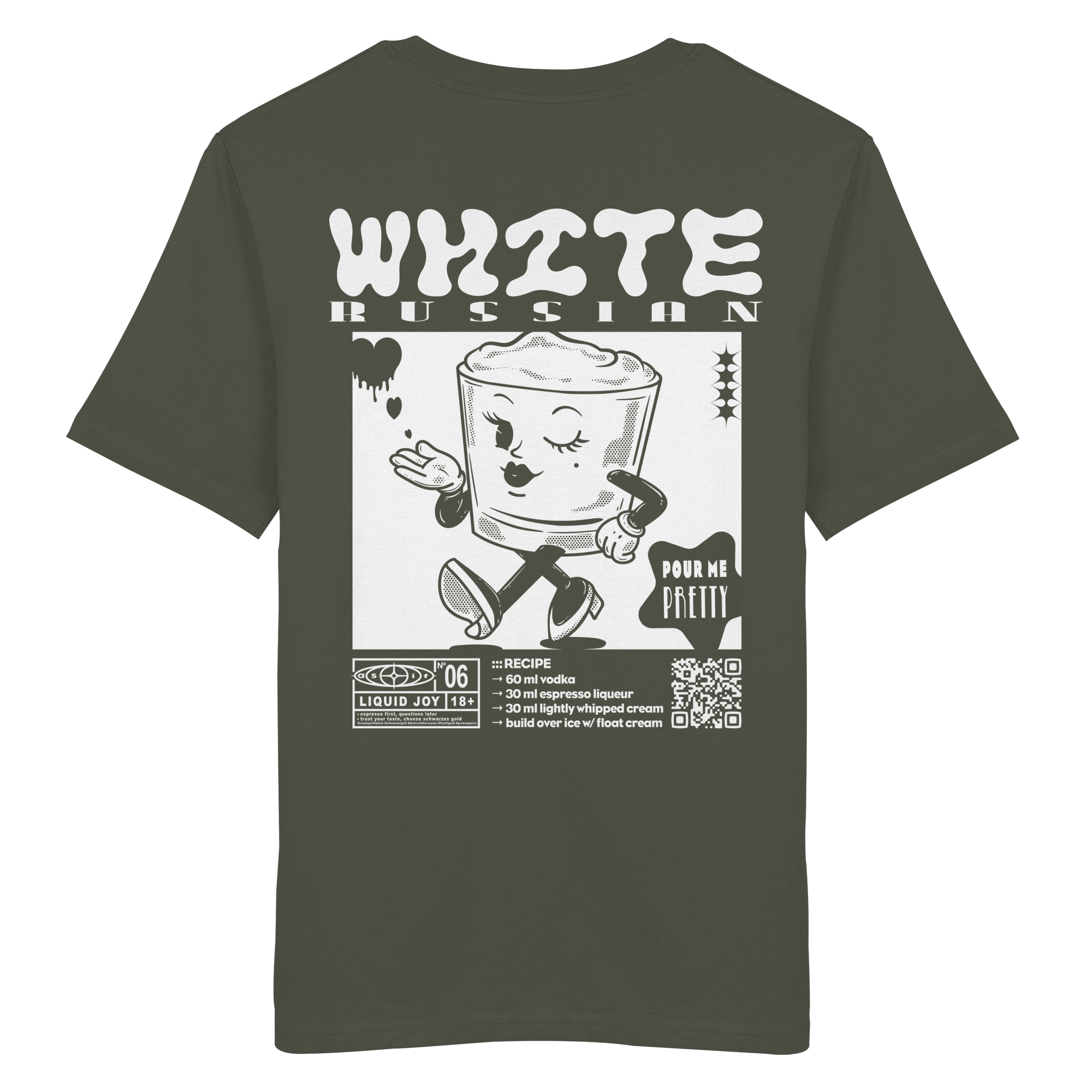 White Russian Bio-Tee in Khaki, Rückseite mit Cocktail-Print — as.if.threads