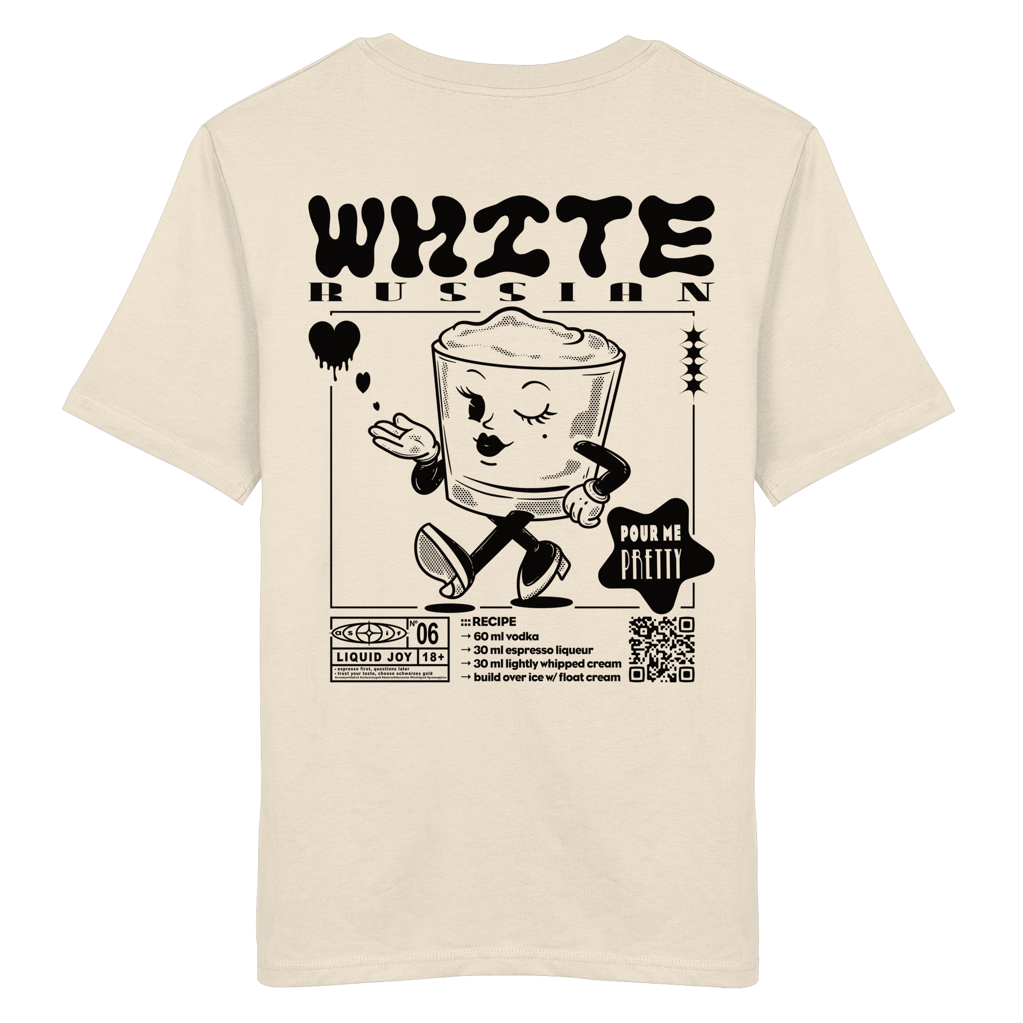 White Russian Bio-Tee in Natural Raw, Rückseite mit Cocktail-Print — as.if.threads