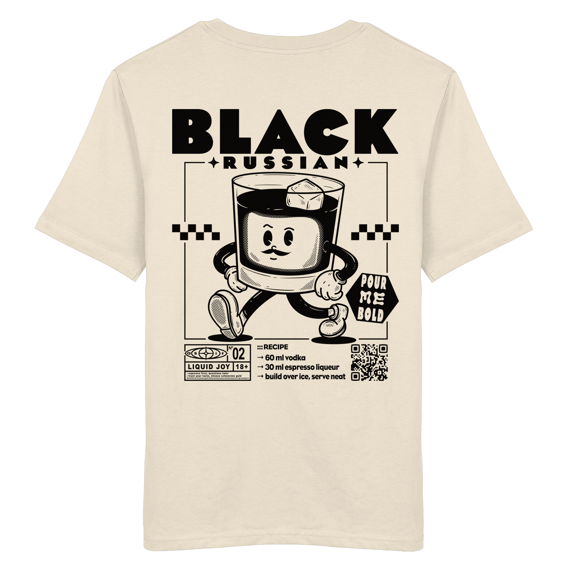 Black Russian Bio-Tee in Natural Raw, Rückseite mit Cocktail-Print — as.if.threads