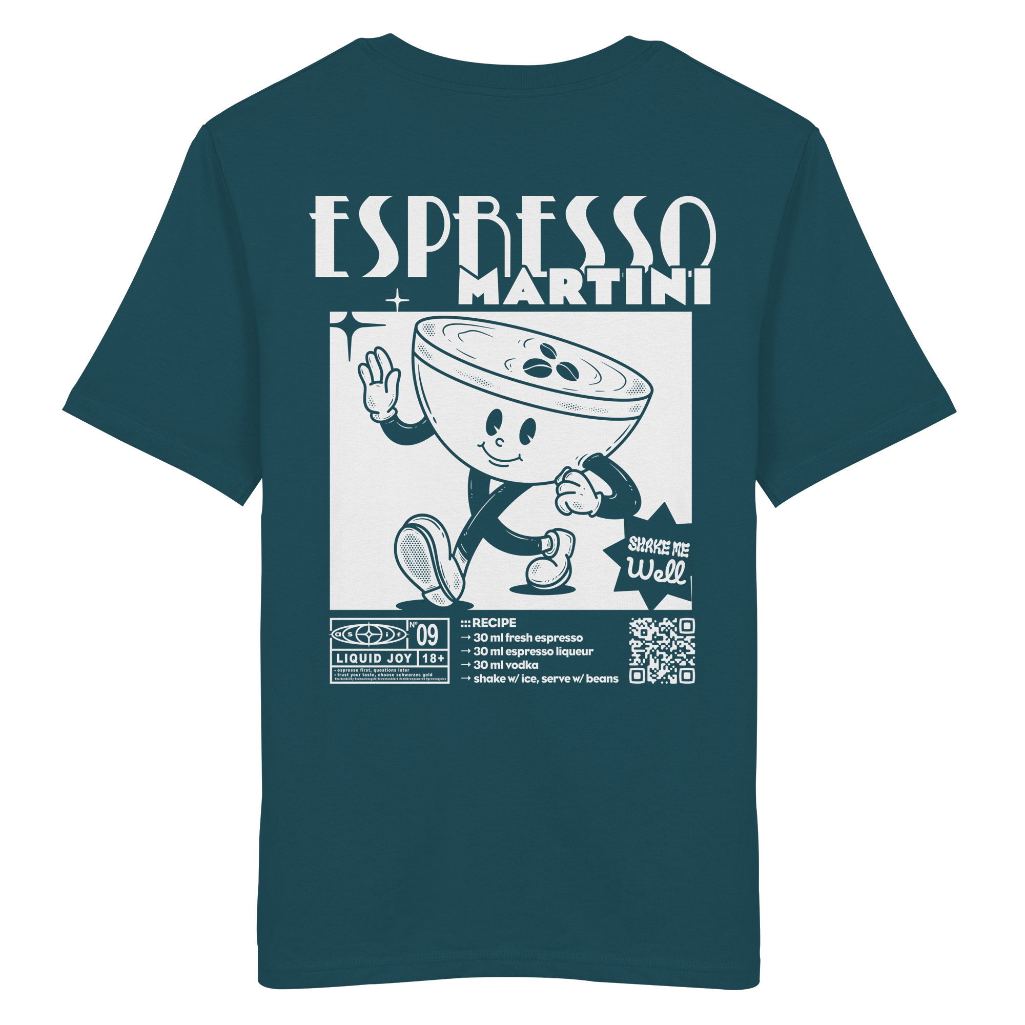 Espresso Martini Bio-Tee in Stargazer — Rückseite mit Maskottchen & Cocktail-Rezept-Print, Stanley/Stella Bio-Cotton aus Köln