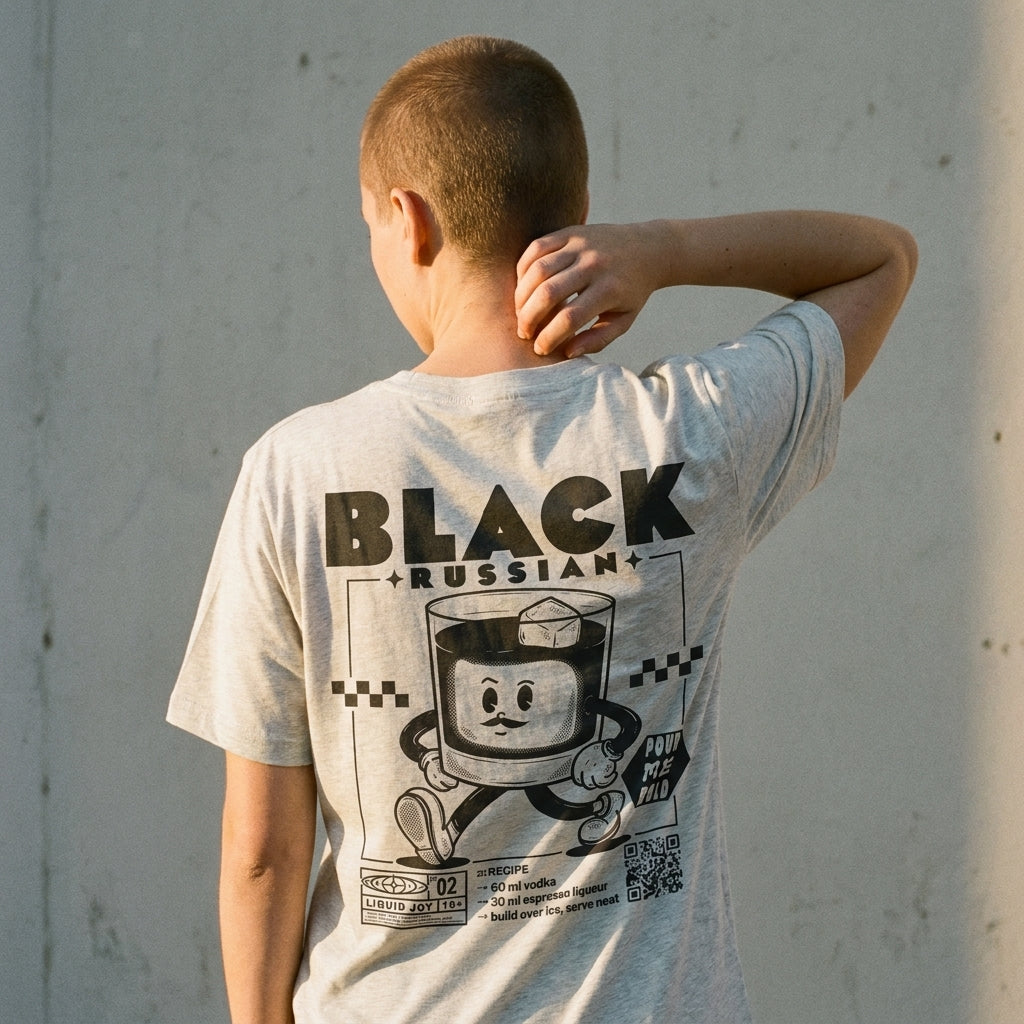 Black Russian Bio-Tee in Heather Grey, Vorderansicht am Model — Bio-Cotton, as.if.threads