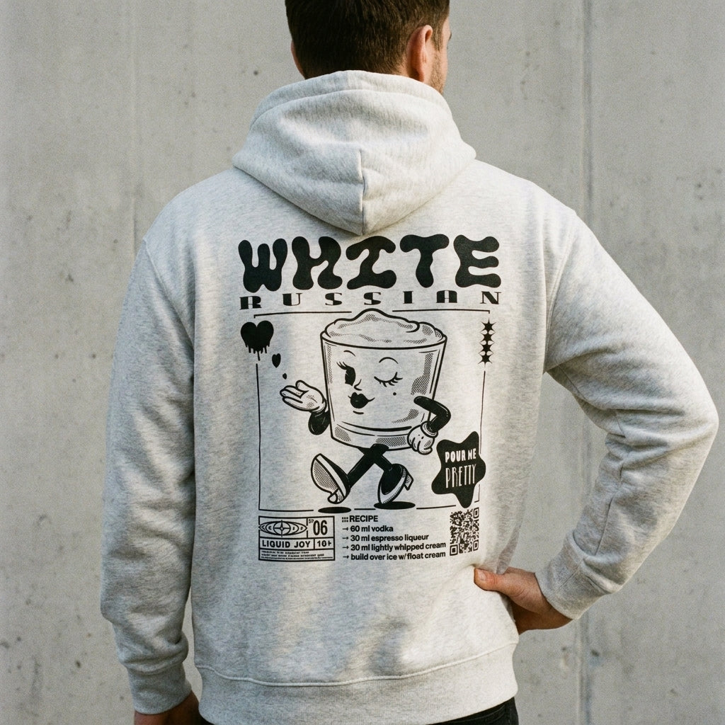 White Russian Bio-Hoodie in Heather Grey am Model — Bio-Cotton aus Köln, as.if.threads