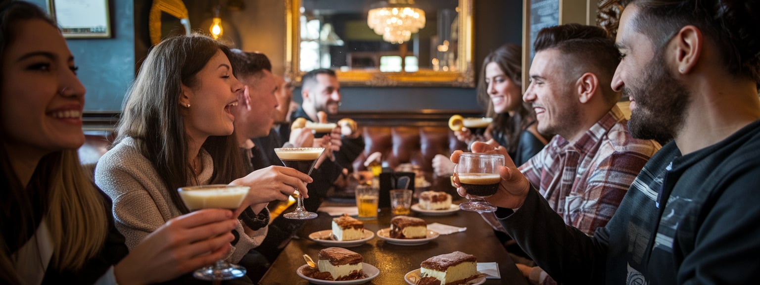 Gesellige Runde in einer Bar, Freunde stoßen mit Schwarzes Gold Espresso-Likör Cocktails an, begleitet von Desserts, ideal für entspannte Abende und hochwertige Kaffeelikör-Cocktails.