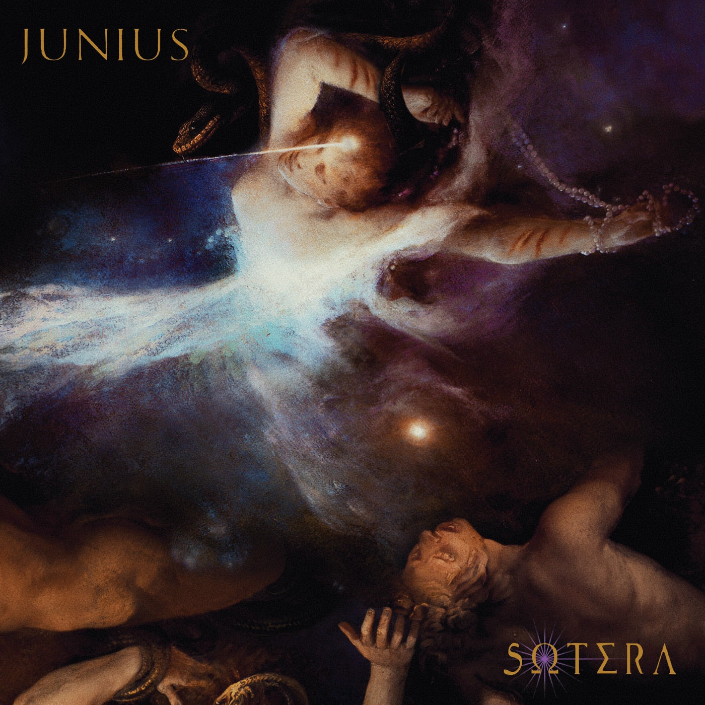 Albumcover Sotera von Junius: dunkelviolettes Gemaelde, eine liegende Gestalt, aus deren Brust ein Lichtstrahl quer durchs Bild zur Sternenwolke wird