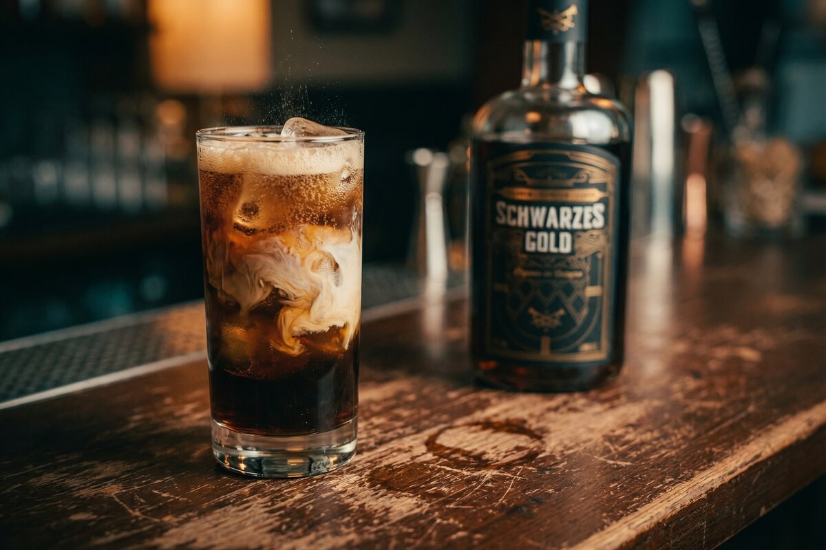 Colorado Bulldog Cocktail mit Schwarzes Gold Kaffeelikör, Cola und Sahne im Highballglas