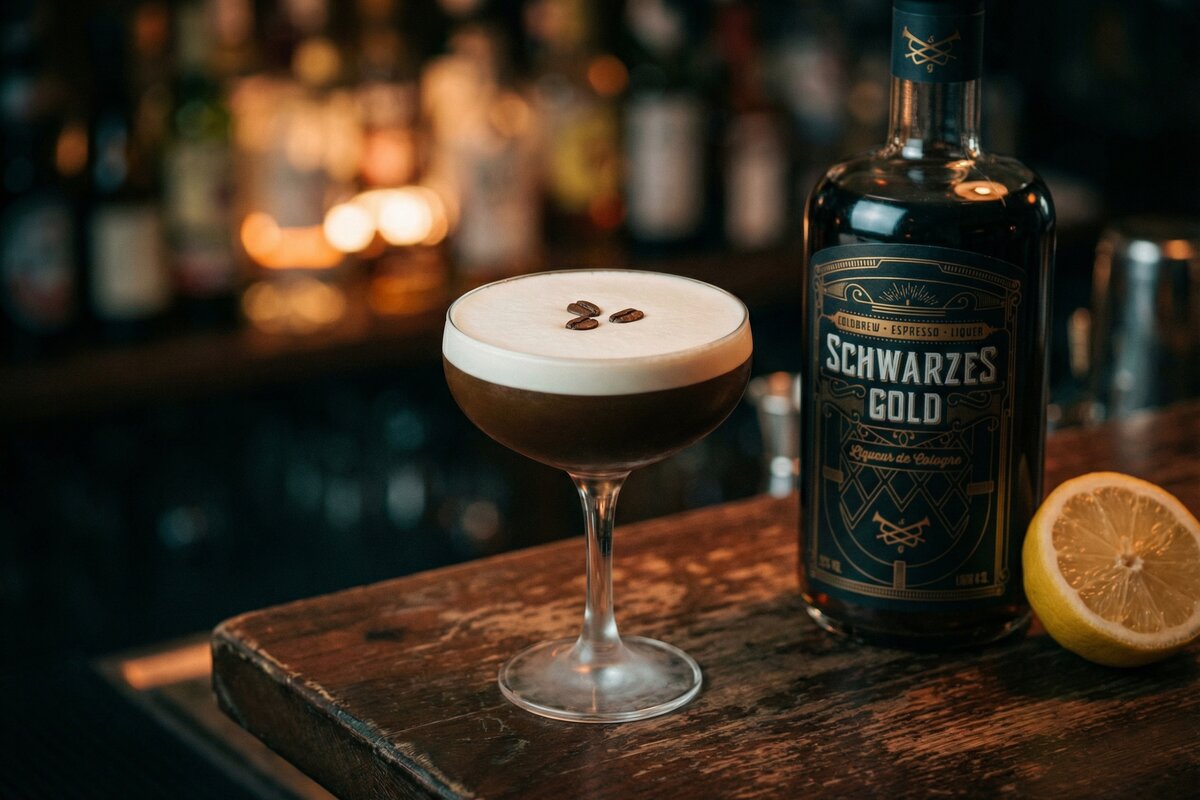 Café Sour mit Schwarzes Gold Kaffeelikör in Coupeschale mit Eiweiß-Schaum und Kaffeebohnen