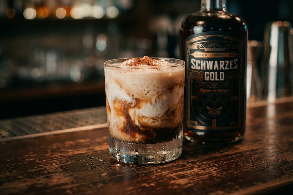 Frozen White Russian mit Schwarzes Gold Kaffeelikör, cremig-gefrorener Kaffeecocktail im Tumbler
