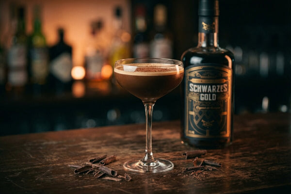 Mocha Martini mit Schwarzes Gold Kaffeelikör in Coupeschale mit Kakaopulver und Schokoraspeln