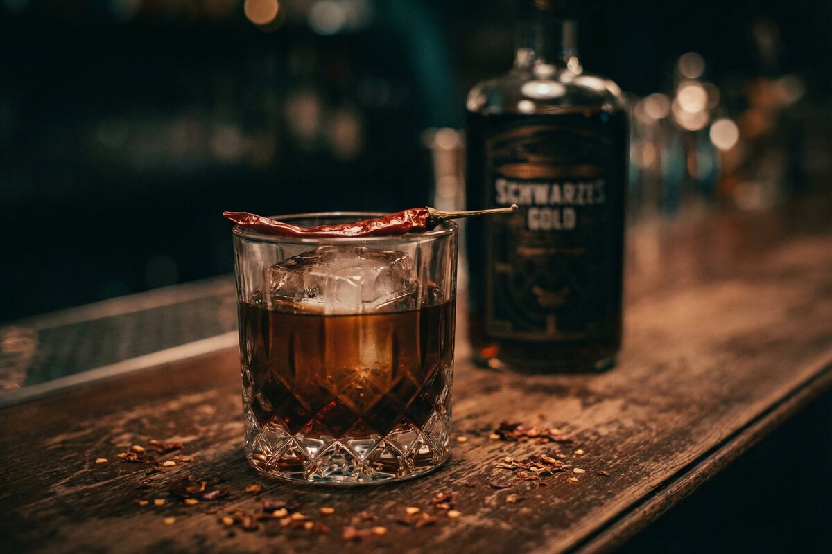 Spicy Black Russian mit Schwarzes Gold Kaffeelikör im Kristallglas mit Chili-Garnierung