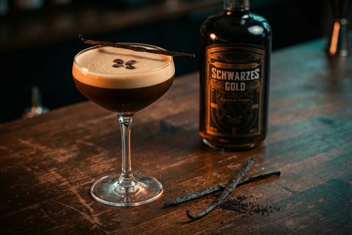 Vanilla Espresso Martini mit Schwarzes Gold Kaffeelikör in Coupeschale mit Vanilleschote