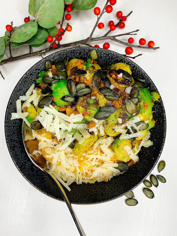 Kürbisrisotto mit gebratenem Rosenkohl — vegetarisch oder vegan