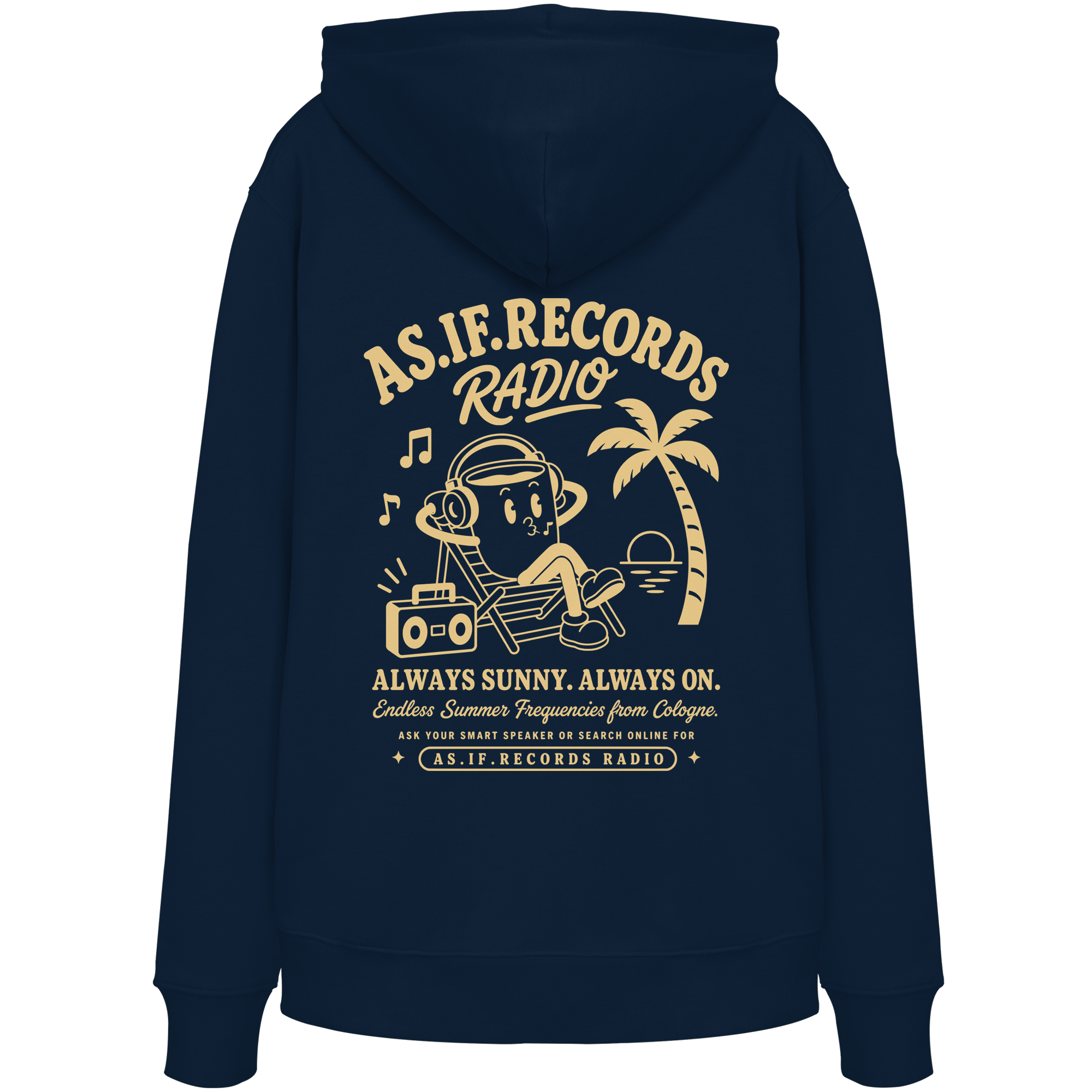 Endless Summer Bio-Hoodie in French Navy, Rückseite mit AS.IF.RECORDS RADIO Print — as.if.threads