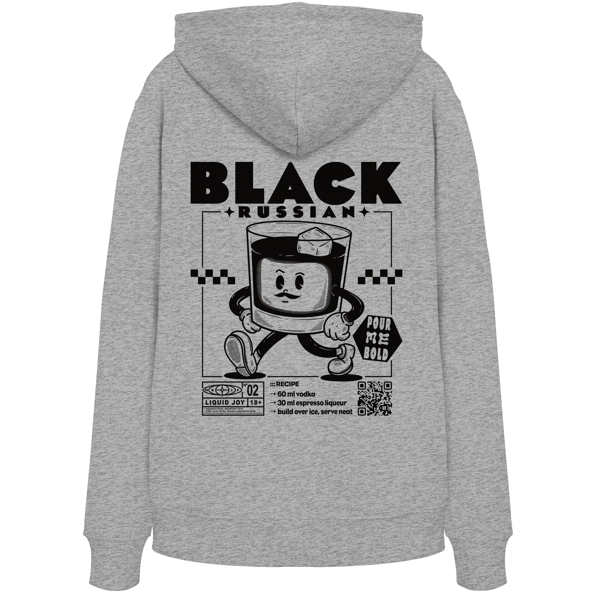 Black Russian Bio-Hoodie in Heather Grey, Rückseite mit Cocktail-Print — as.if.threads