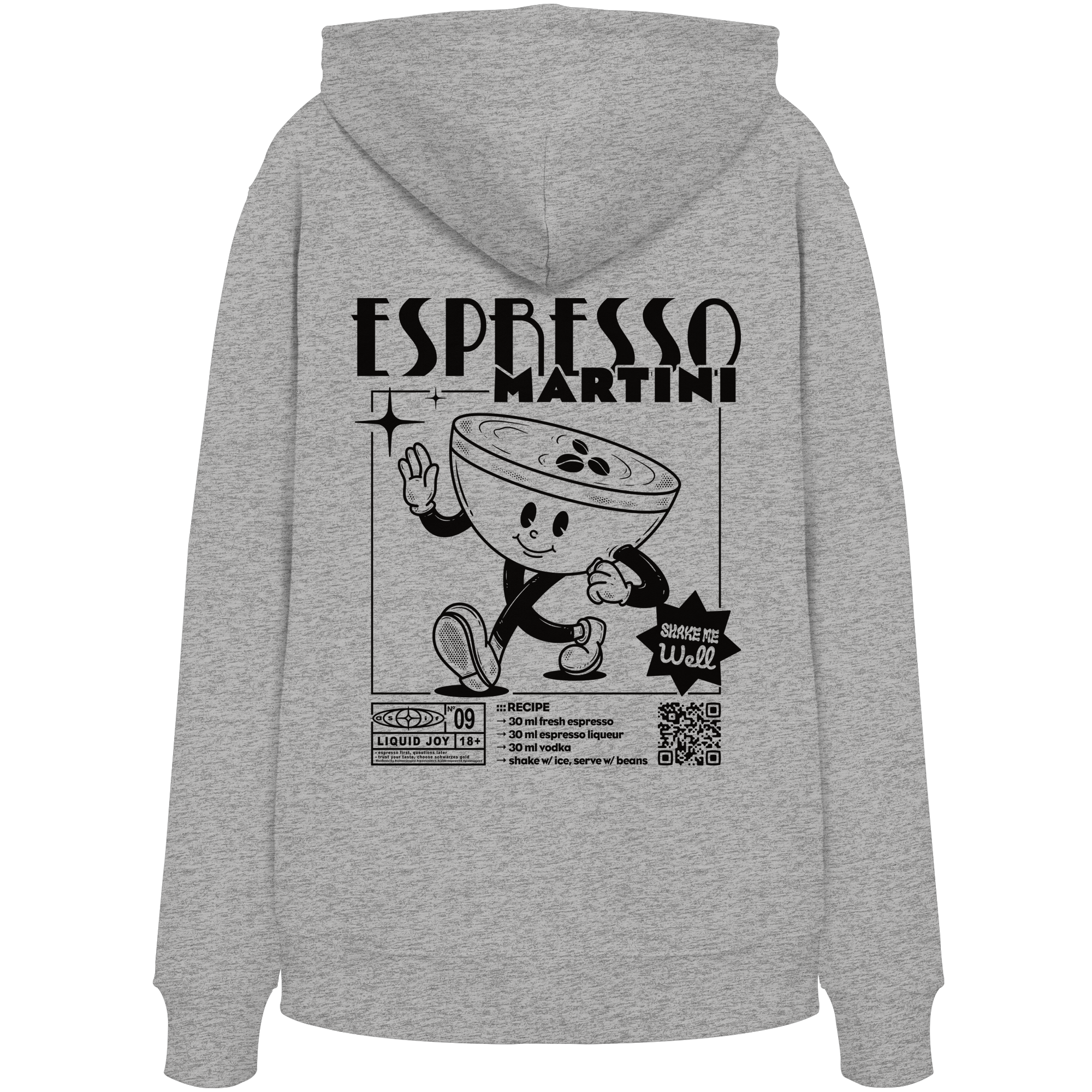 Espresso Martini Bio-Hoodie in Heather Grey, Rückseite mit Cocktail-Print — as.if.threads