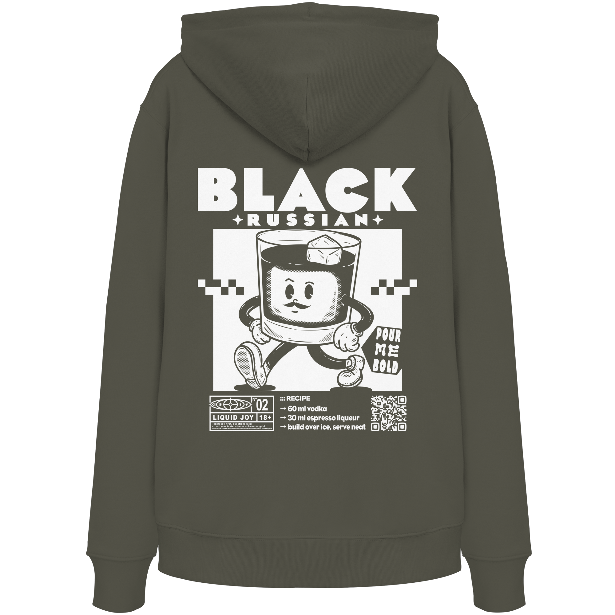 Black Russian Bio-Hoodie in Khaki, Rückseite mit Cocktail-Print — as.if.threads