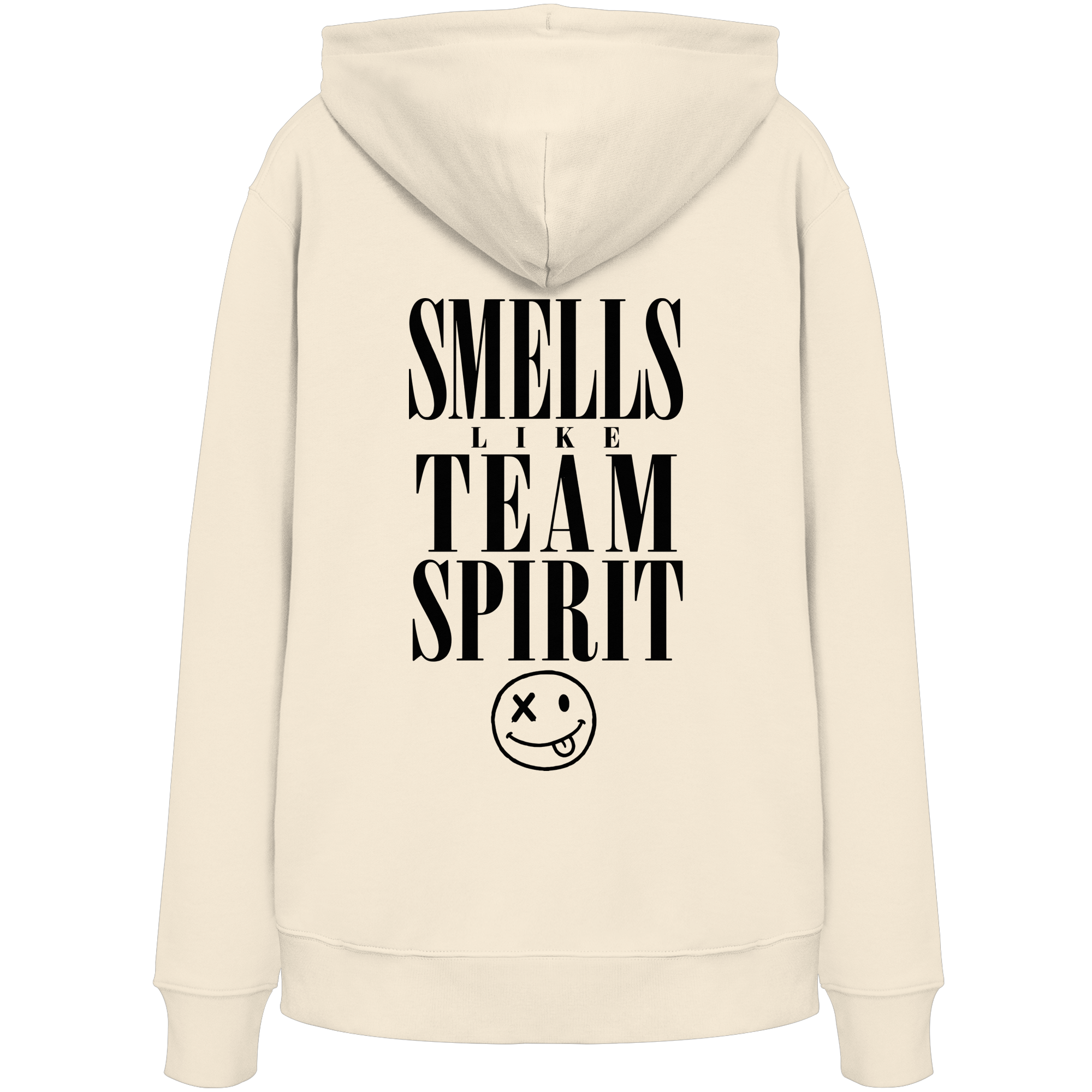 Smells Like Team Spirit Bio-Hoodie in Natural Raw - Rückenansicht - as.if.threads, gedruckt in Köln