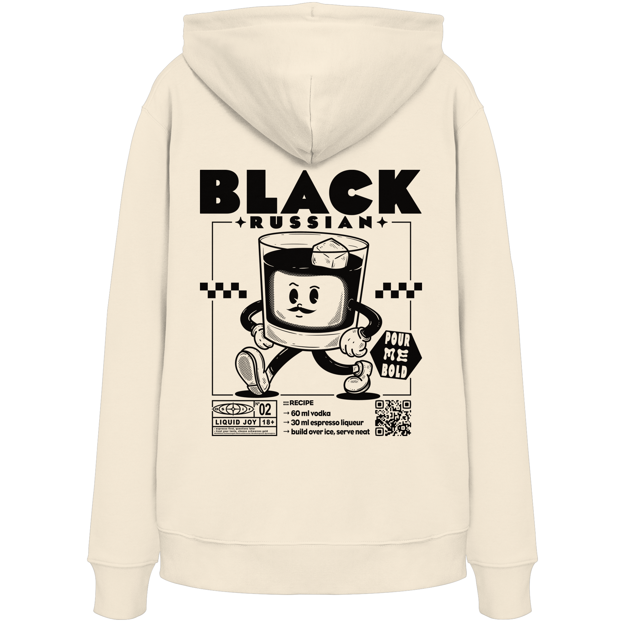 Black Russian Bio-Hoodie in Natural Raw, Rückseite mit Cocktail-Print — as.if.threads