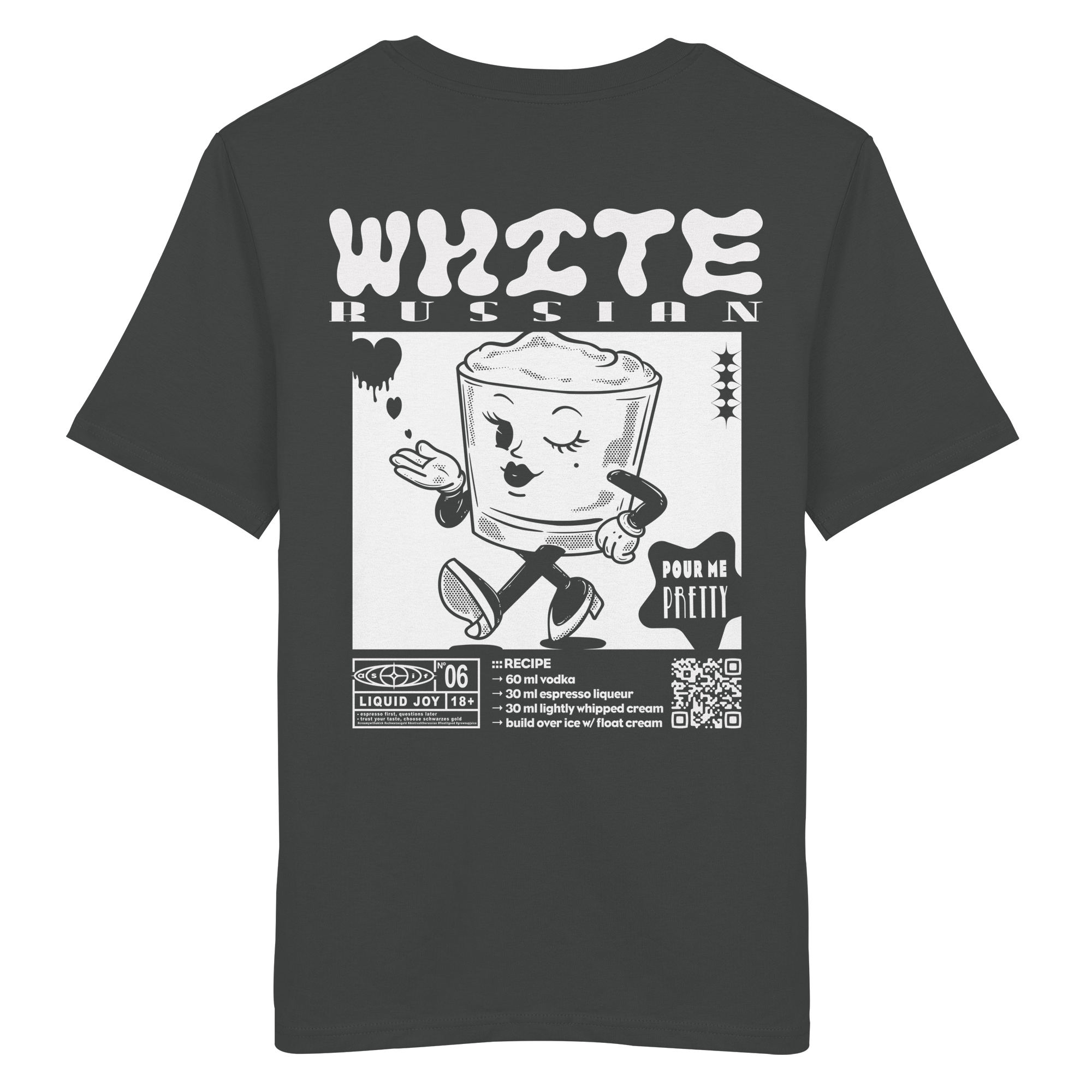White Russian Bio-Tee in Anthracite, Rückseite mit Cocktail-Print — as.if.threads