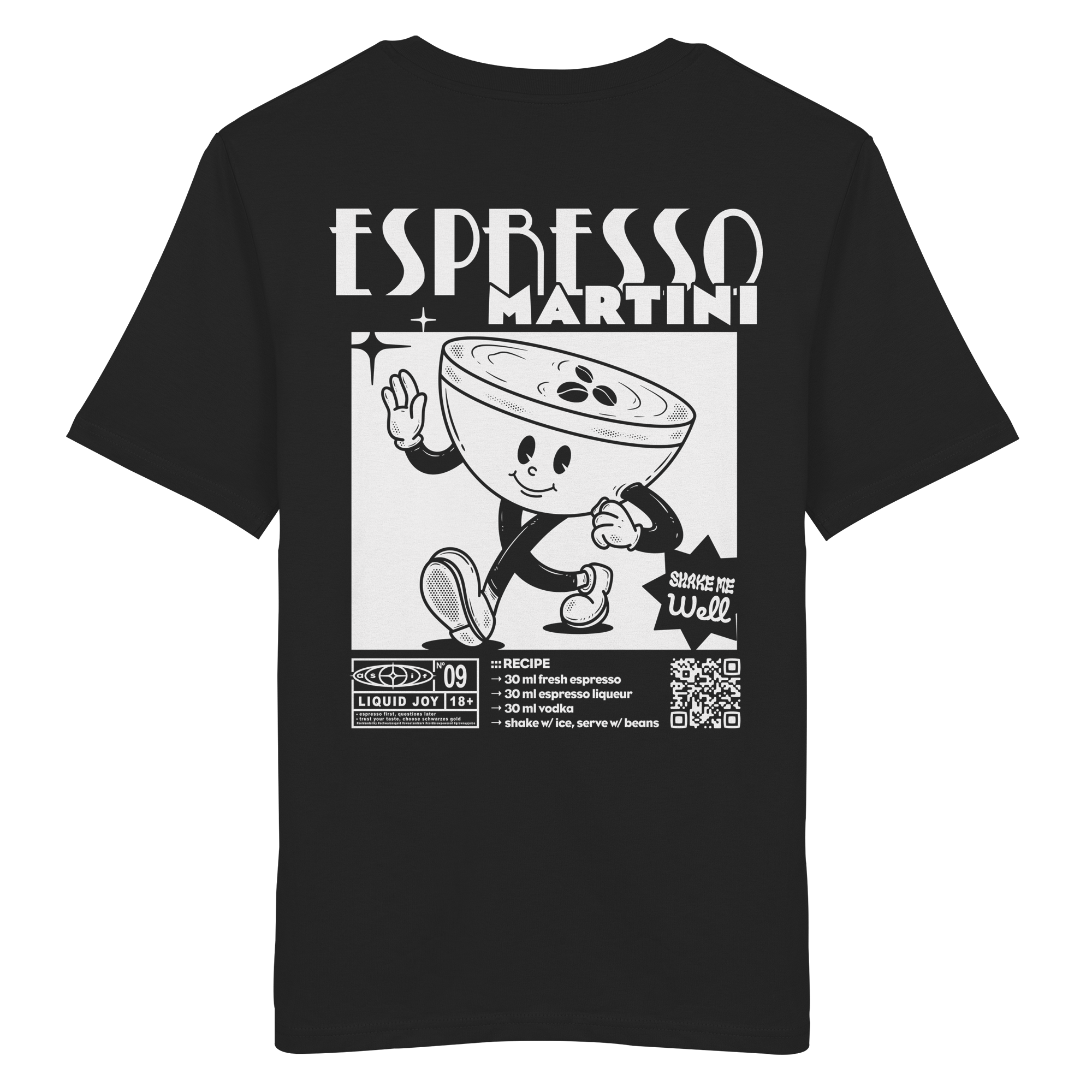 Espresso Martini Bio-Tee in Black — Rückseite mit Maskottchen & Cocktail-Rezept-Print, Stanley/Stella Bio-Cotton aus Köln
